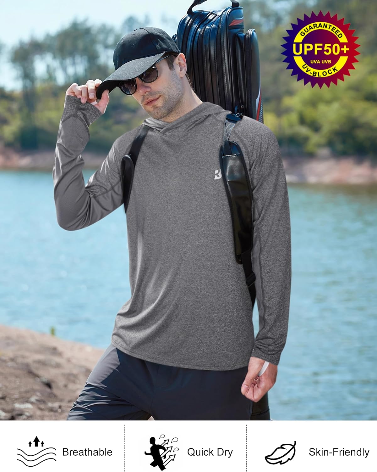 Roadbox Men's UPF 50+ Fishing Shirts, Long Sleeve UV Sun Protection Hoodie