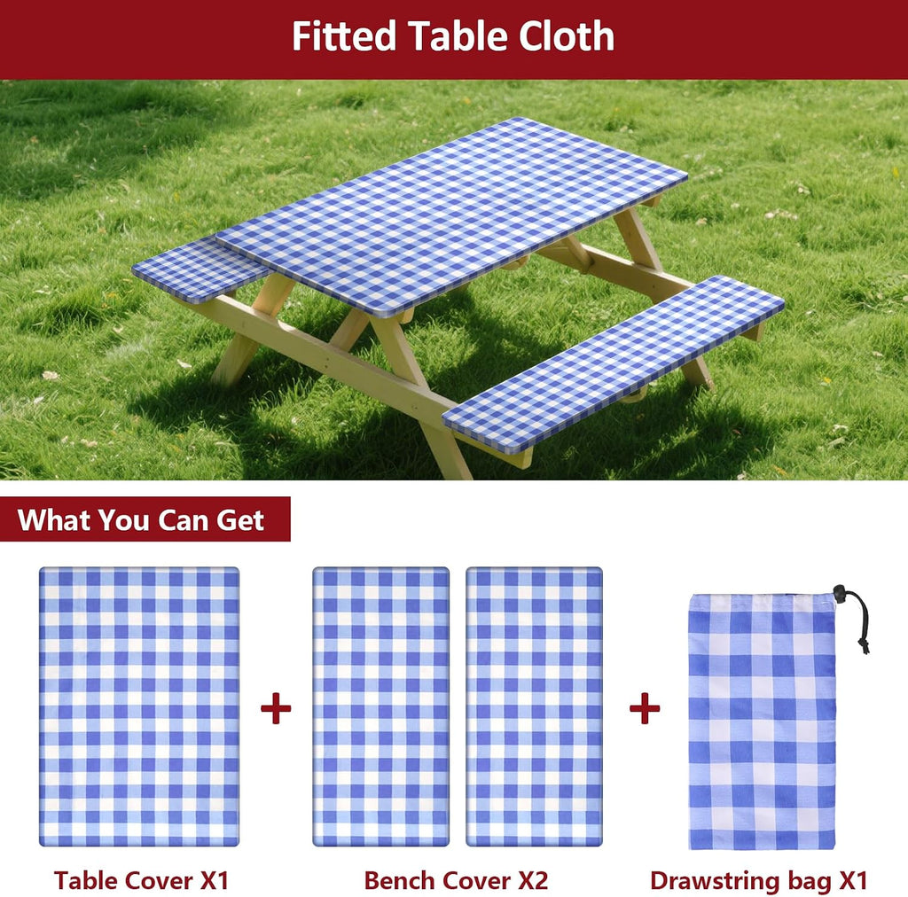 6ft 72in Picnic Table and Bench Cover, 3 Pack, Blue-White Checkered