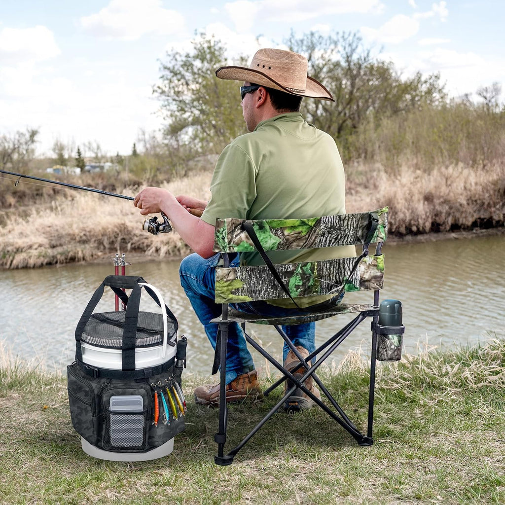 Fishing Bucket Organizer with Bucket Cover Fishing Tackle Bag with Rod & Plier Holder, Multi-Pockets for 5 Gallon Bucket Fishing Gear & Accessories Father Gifts