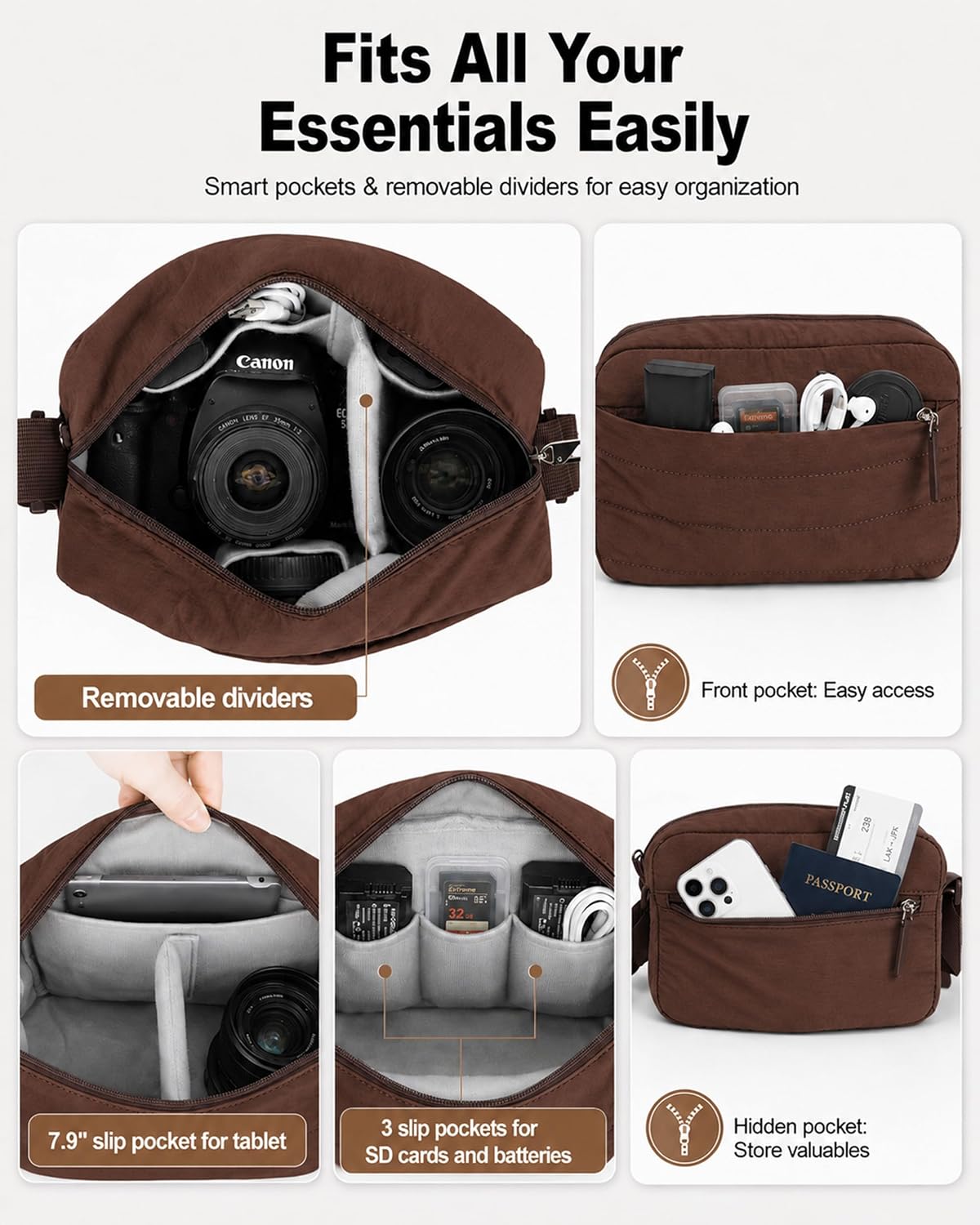 FHELAD Small Crossbody Bag for Women, Compact Puffer Camera Bag With Padded and Theft Zipper for Photographer, Travel (Coffee)