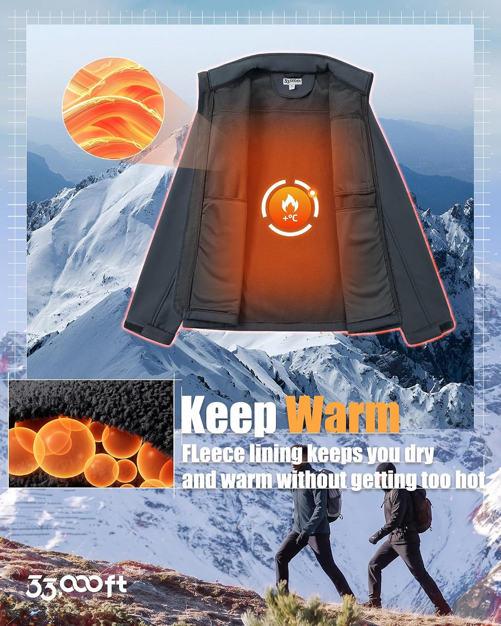 33,000ft Men's Waterproof Softshell Jacket Fleece Lightweight Windbreaker