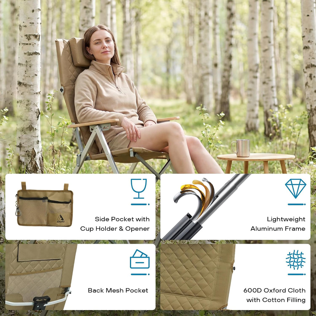 Reclining Camping Chair, Heavy Duty Folding Chairs with 4-Stage Adjustable High Back for Adults, Compact Foldable Outdoor Patio Reclining Chair with Storage Bag (Khaki, 2 Pack)