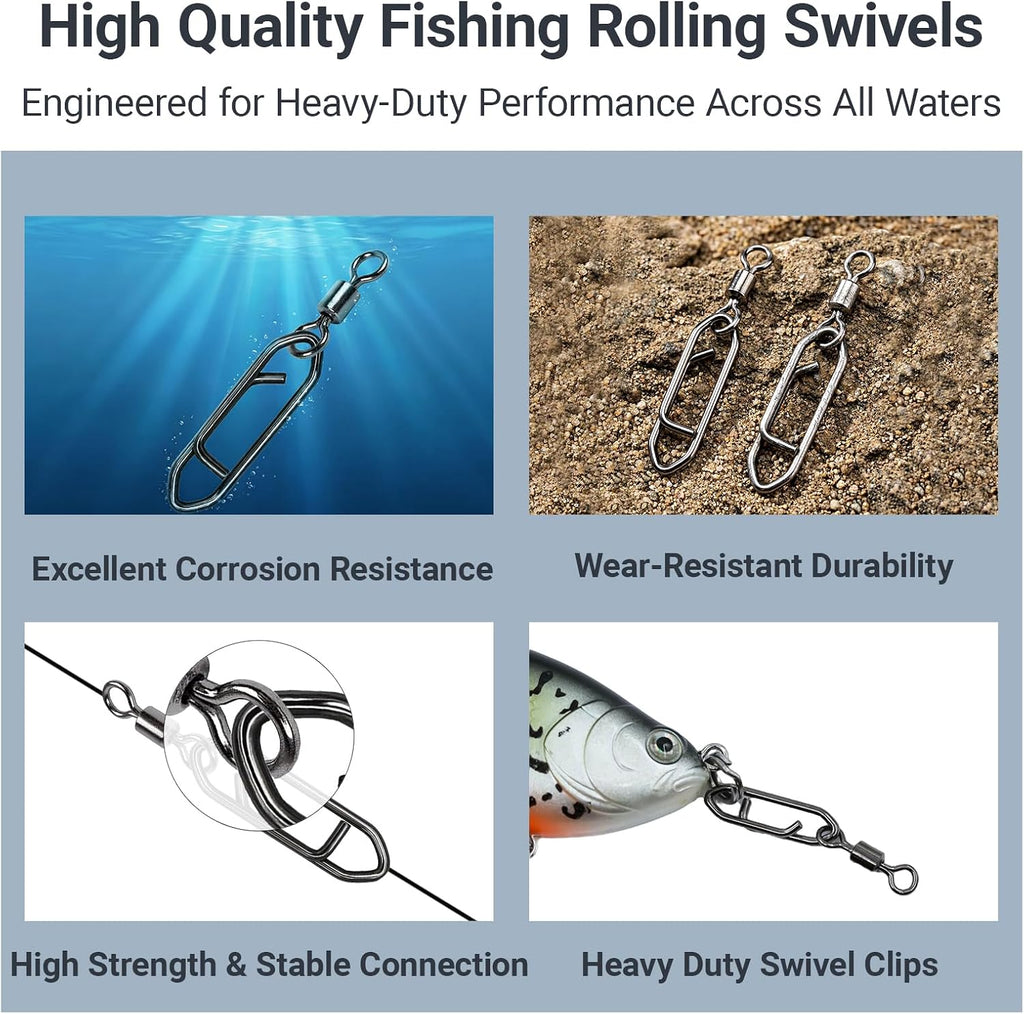 QISHUO Stainless Steel Fishing Swivels Lure Tackle Clips Snap Swivels Strength Barrel Saltwater Swivel Fishing Rolling Black Nickel