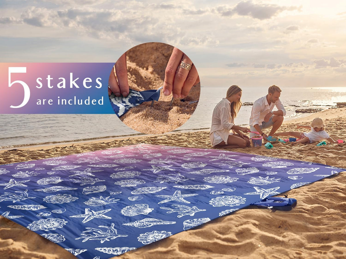 WEKAPO Beach Blanket Waterproof Sandproof Oversized, Extra Large Beach Mat Sand Free, Lightweight & Compact Sand Free Mat with 5 Stakes & 4 Corner Pockets