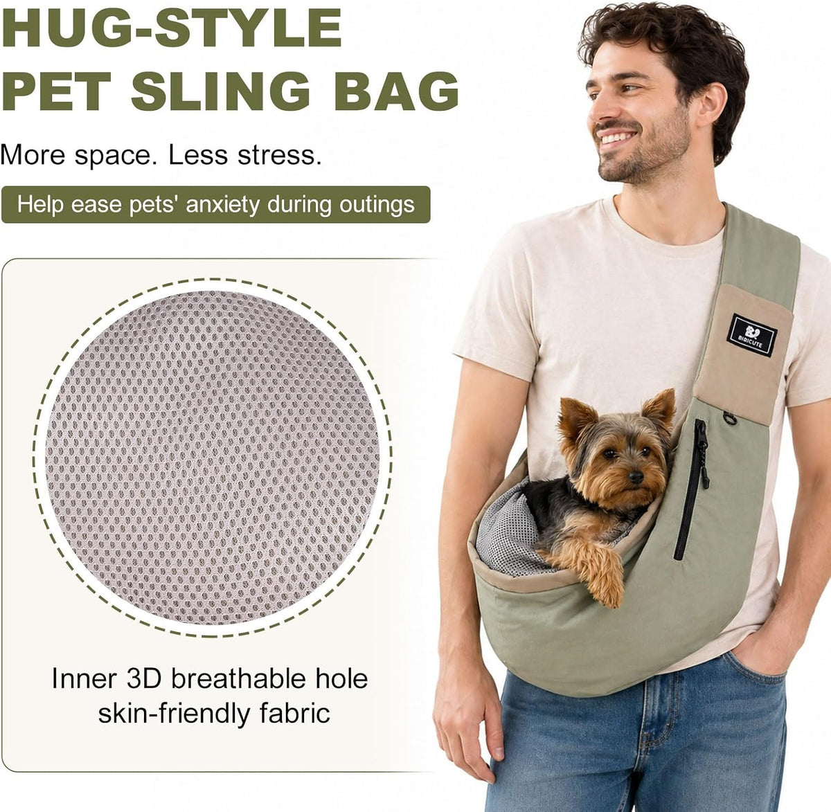 Dog Carrier Sling for Small Dogs & Cats, Puppy Sling Bag with Drawstring Mesh Opening, Safety Clip, Zipper Storage Pockets, Hands-Free Pet Carrier for Travel, Walking, Hiking (Green)
