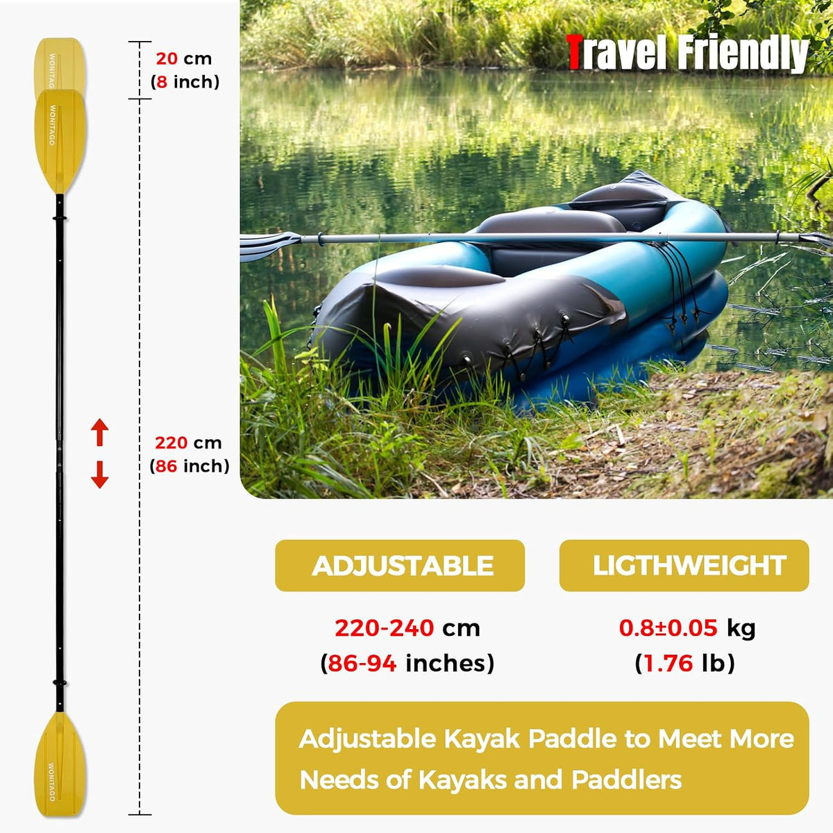 Kayak Paddle, Adjustable and Portable Kayaking Oar, 5-Piece
