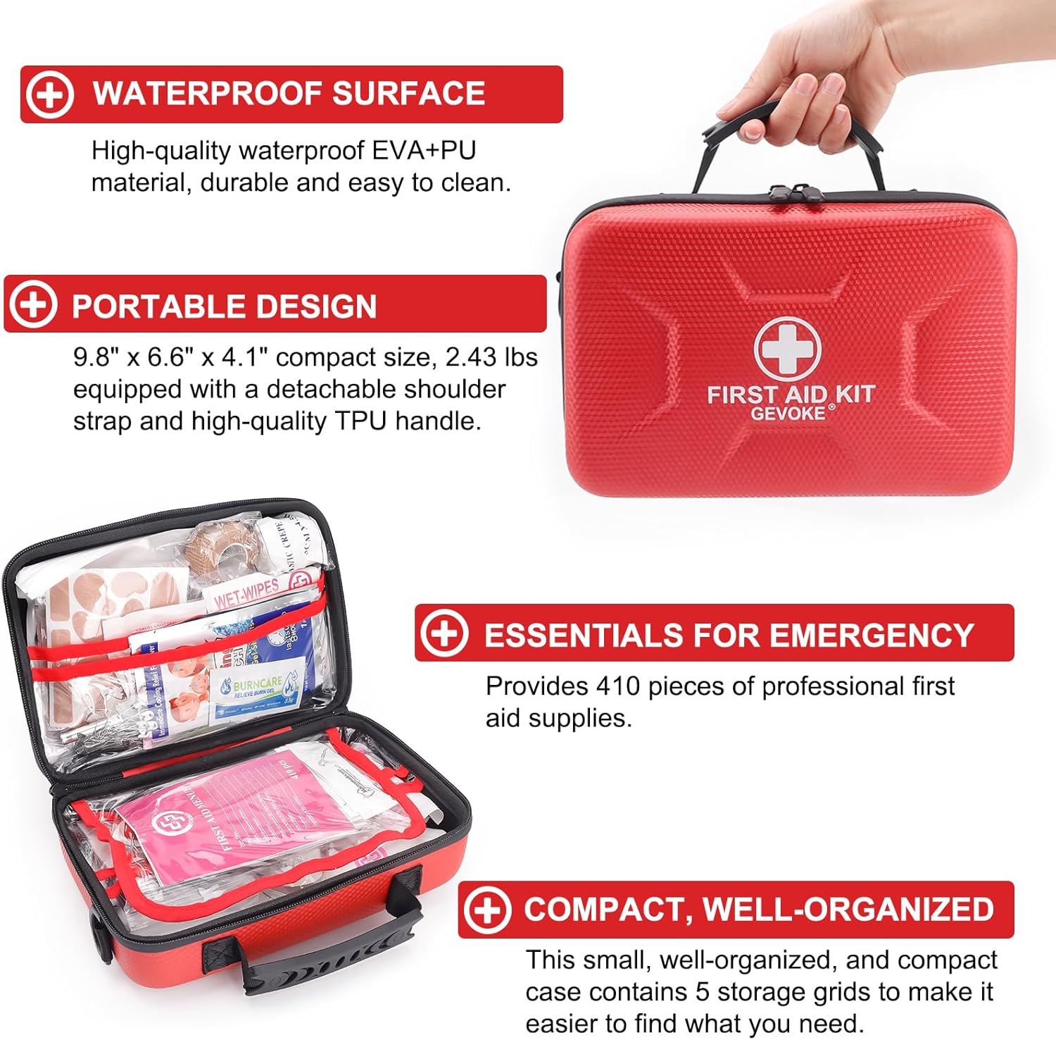 Gevoke 410 Piece Waterproof Hard Shell First Aid Kit, Red