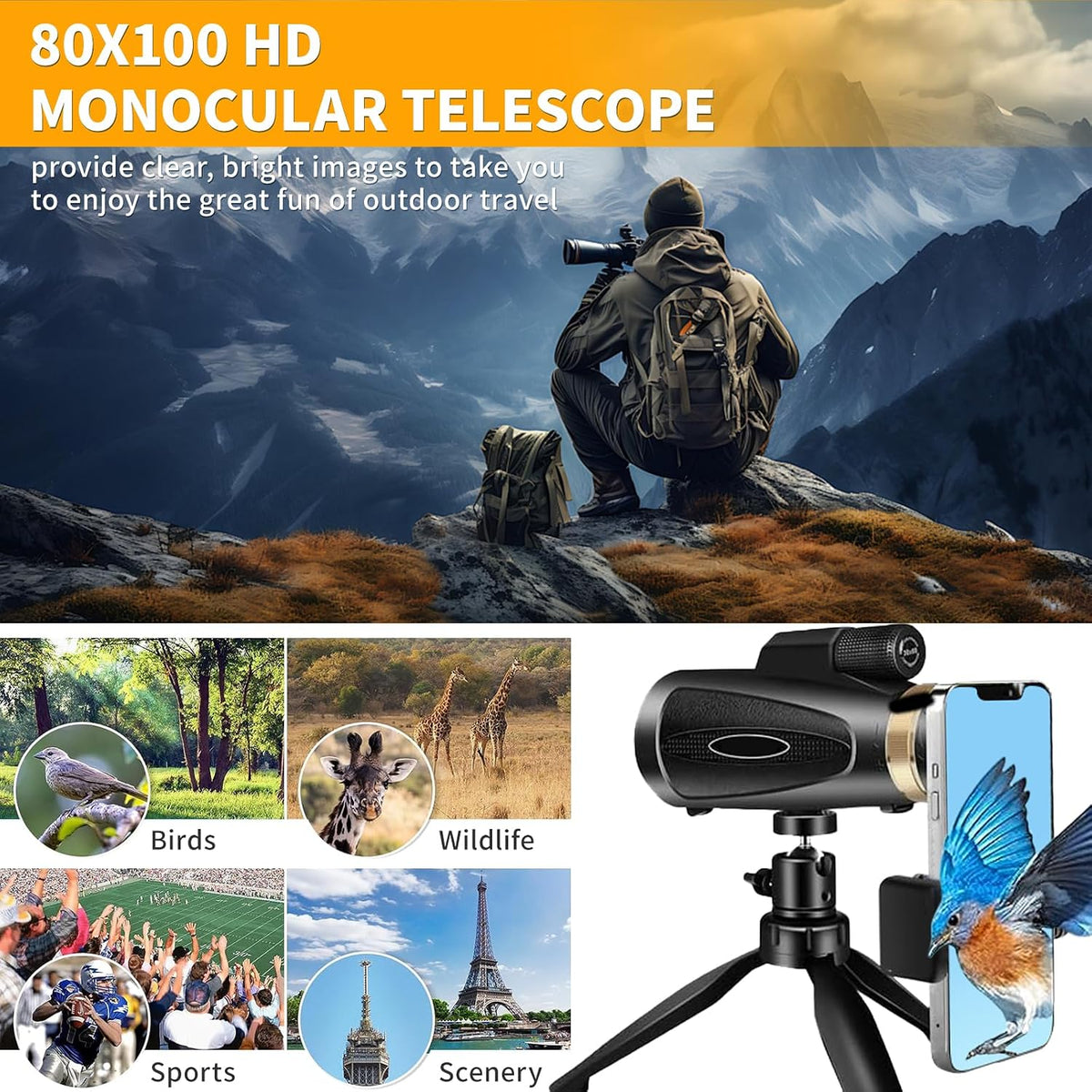 Monoculars for Adults High Powered 80x100 with Smartphone Adapter Tripod BAK4 Prism FMC Lens for Travel Bird Watching Wildlife Hiking Camping