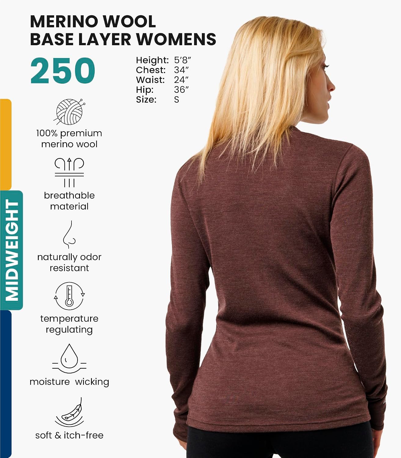 100% Merino Wool Base Layer Women - Long Sleeve Thermal Shirt with Socks
