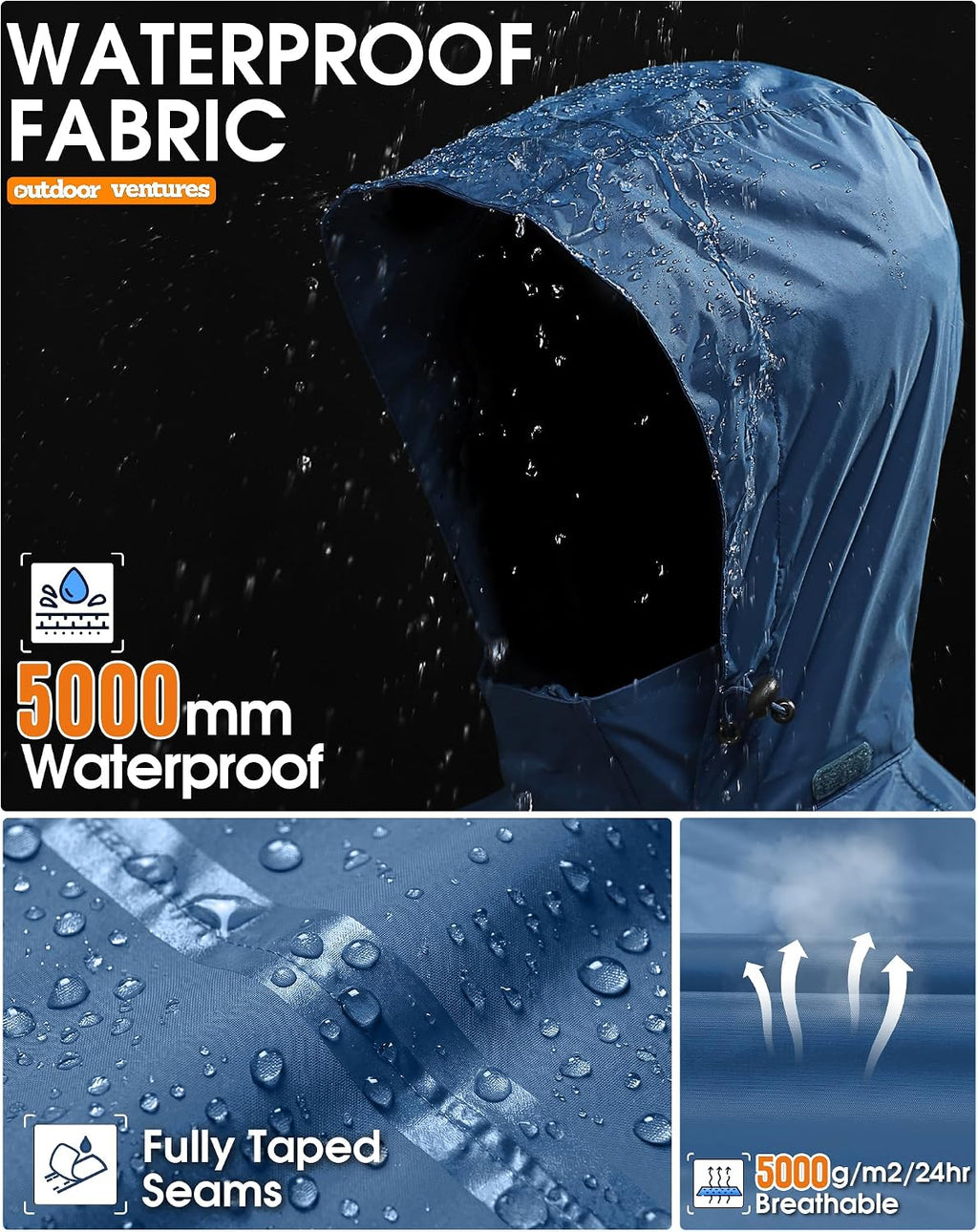 Outdoor Ventures Men's Rain Jacket Waterproof Lightweight Packable Raincoat