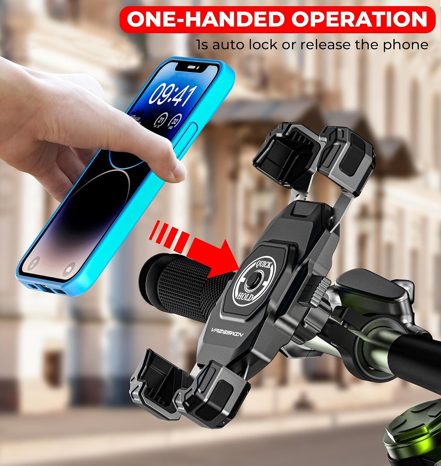 VAZESWIN Motorcycle Phone Mount, 1s Lock Bike Phone Holder with Safety Lock