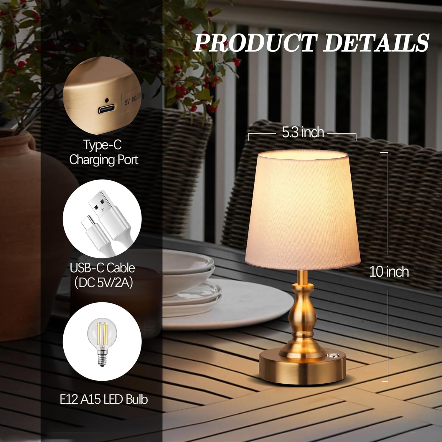 PARTPHONER Mini Cordless LED Table Lamp, 5200mAh Rechargeable Battery Operated Lamp, 3-Level Brightness, Touch Dimmable Desk Lamp, Bedside Night Light for Patio Camping Restaurant Home, Antique Brass