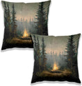 Vintage Forest Campfire Pillow Covers 18x18 Set of 2, Moody Pine Tree Camping Decor, Rustic Woodland Campsite Decorative Throw Pillow Covers for Home Bedroom Living Room,Camper Lover Gifts