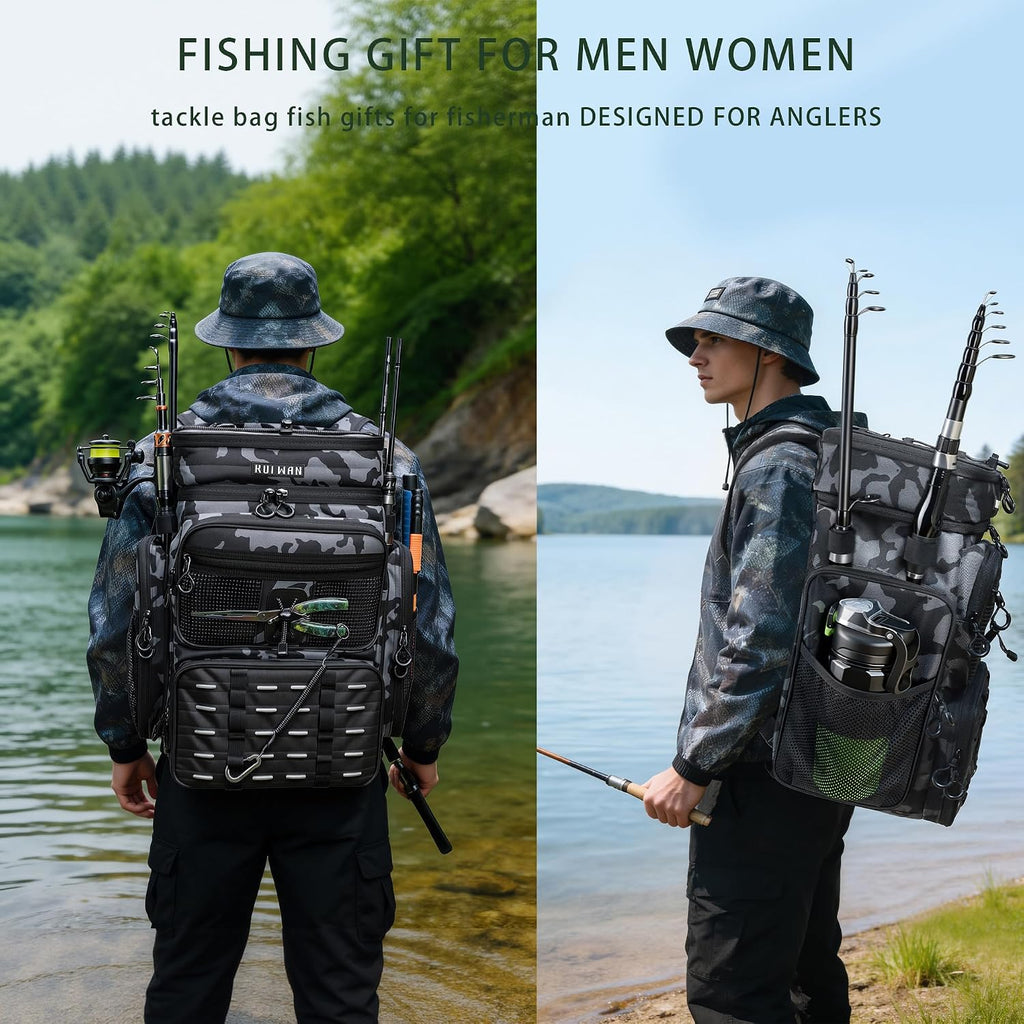 Fishing Backpack with Cooler & 4 Rod Holder, Large 45L Tackle Bag Store Fishing Gear Boxes Gifts for Men Woman-Black Back Pack