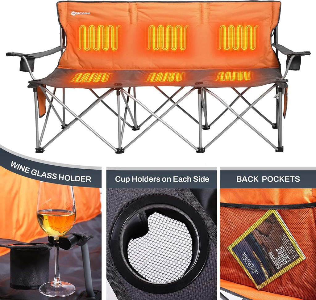 ANTARCTICA GEAR Heated Double Camping Chair with 12V 15000mAh Battery Pack - Heavy-Duty XL Folding Bench for Outdoor, Campsites, Tailgating - Portable Heated Seating with Adjustable Warmth