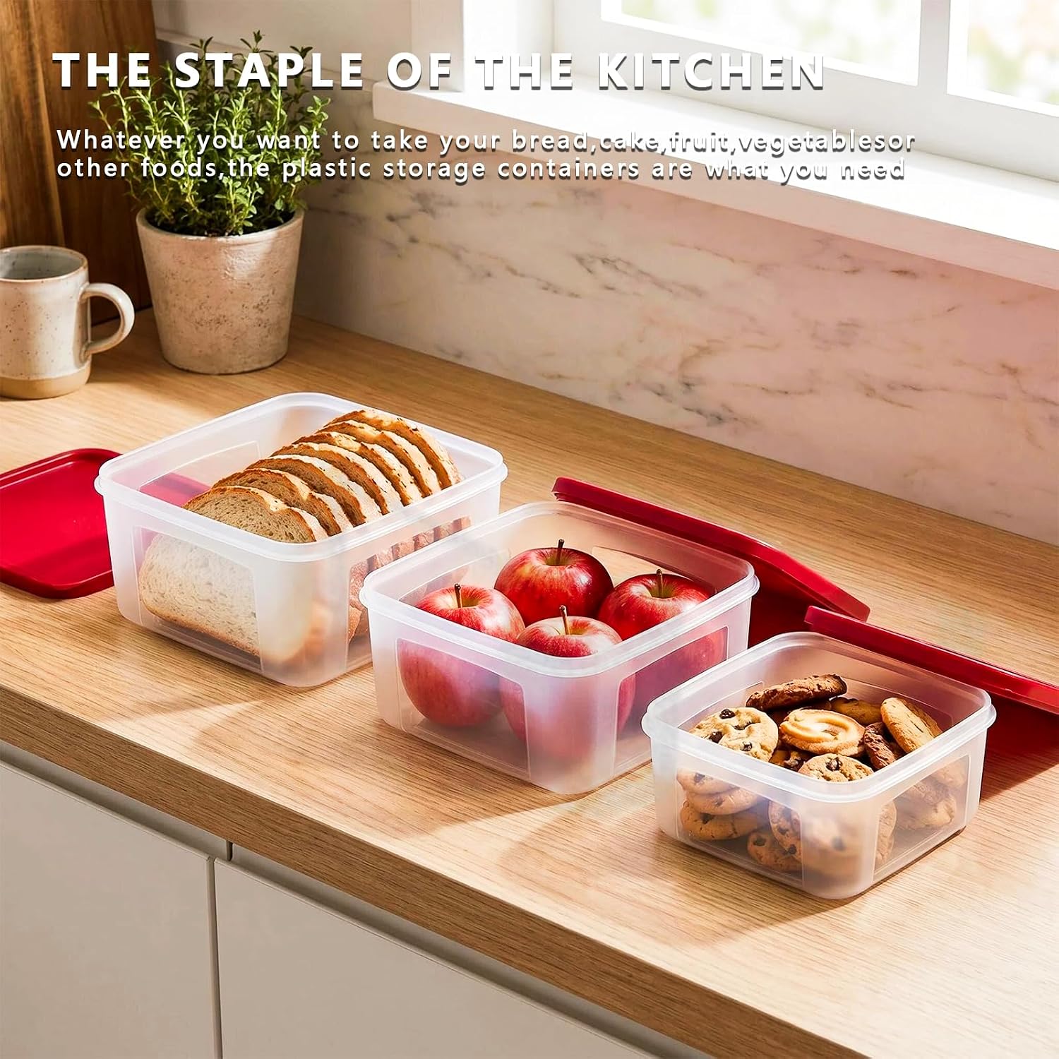 REDANT Plastic Food Storage Containers with Lids Airtight - Large Meal Prep Containers Reusable for Freezer - Bread Box for Cookies, Sandwich, Cake & Muffin, Leak-Proof & Stackable, Square, 3 Pcs