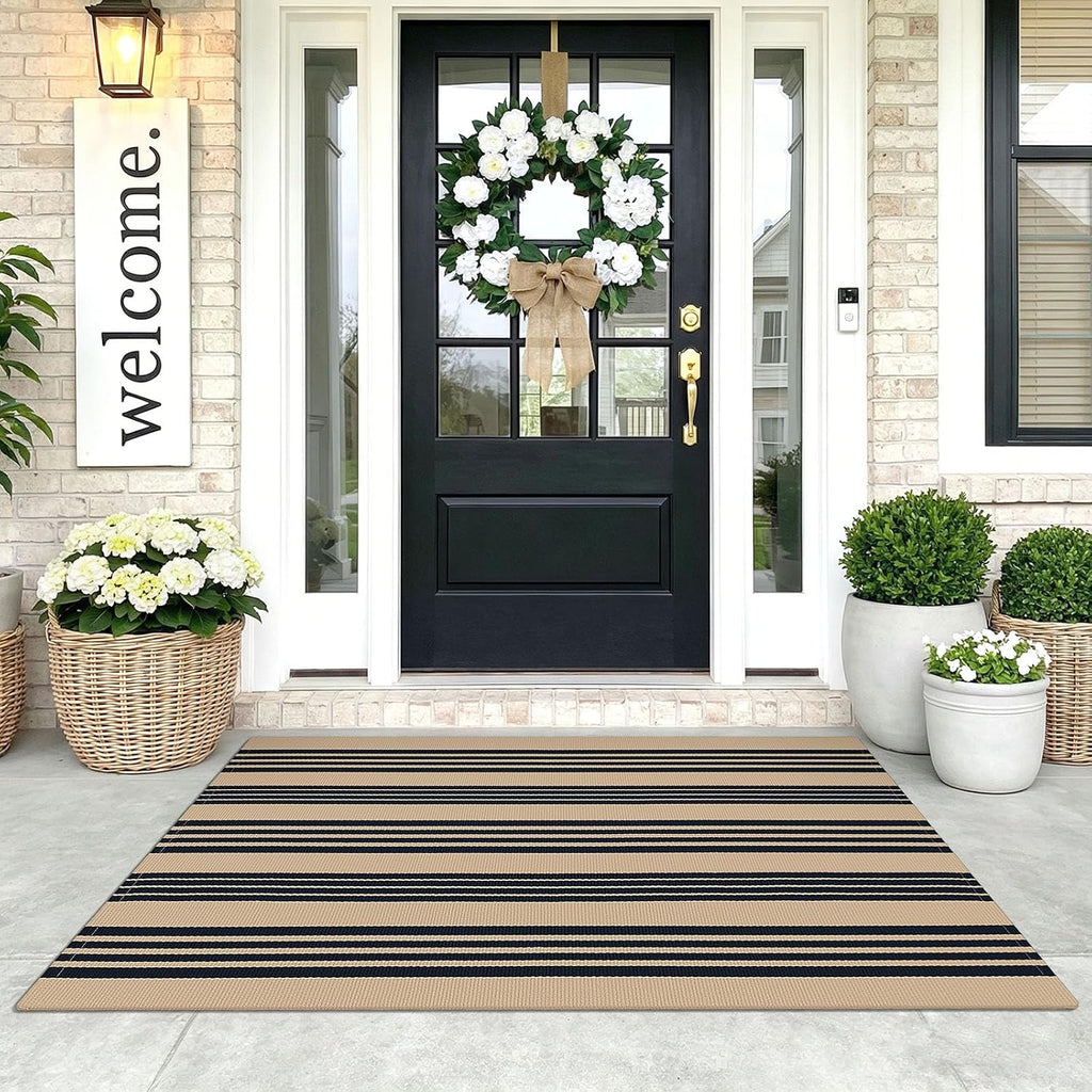 KOZYFLY 3'x5' Striped Area Rug, Brown and Black Woven Cotton Outdoor Rug