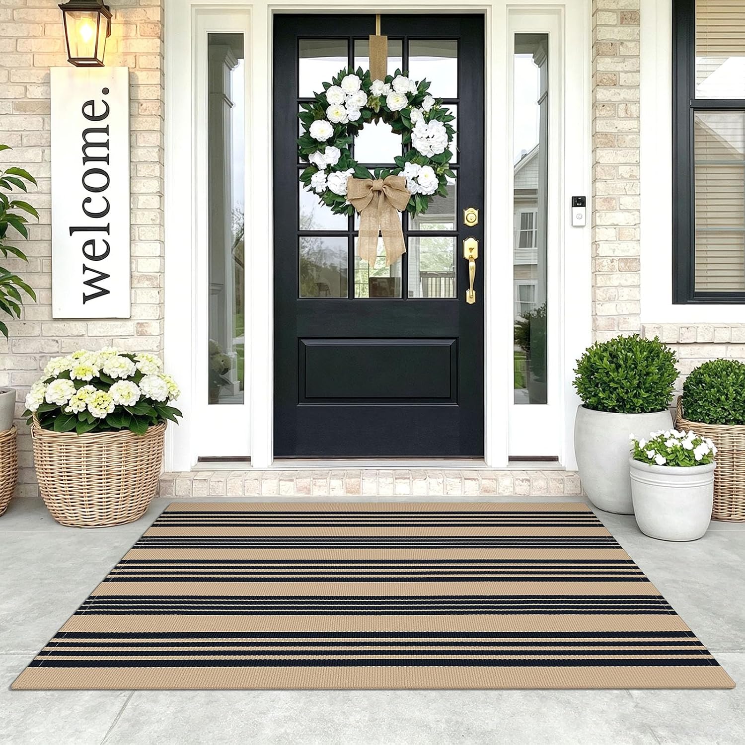 KOZYFLY 3'x5' Striped Area Rug, Brown and Black Woven Cotton Outdoor Rug