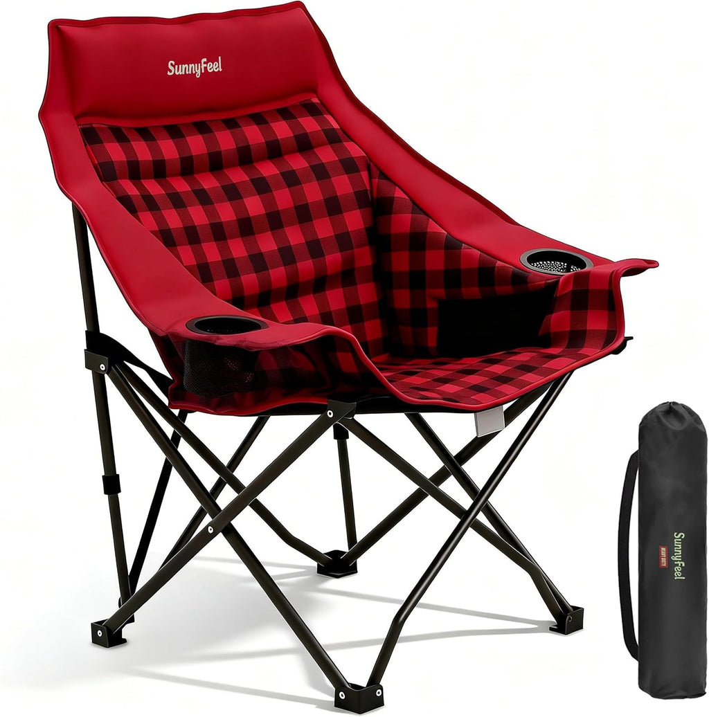 SUNNYFEEL Padded Oversized Camping Chairs for Adults, Heavy Duty Portable Folding Chair with Carry Bag, Side Pockets & Cup Holder, Supports 300 lbs, for Tailgating Hiking Picnic Backyard Black