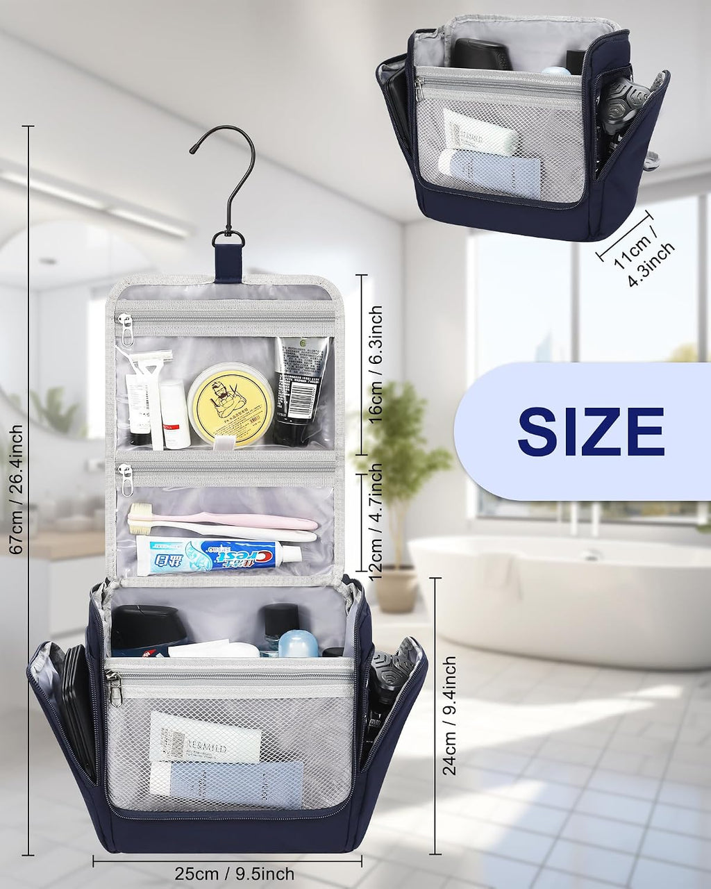 Relavel Hanging Toiletry Bag for Men, Travel Makeup Bag for Women, Blue