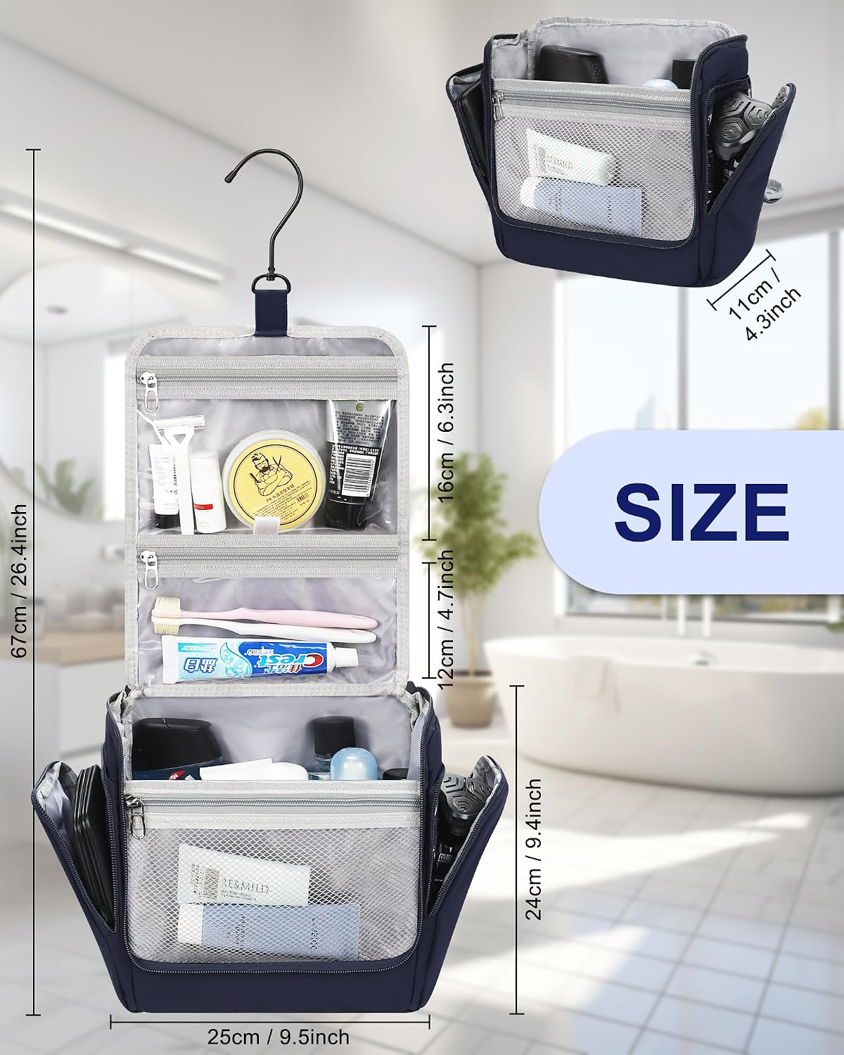 Relavel Hanging Toiletry Bag for Men, Travel Makeup Bag for Women, Blue
