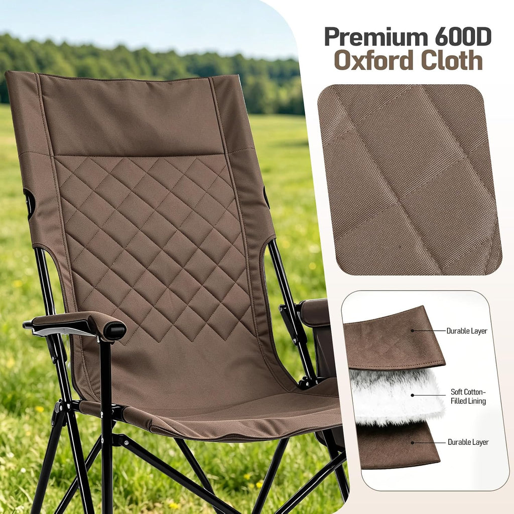 Folding Camping Chair, High Back Padded Portable Camp Chair with Storage Bag, 600D Oxford Fabric Comfortable Chair for Outdoor Camping, Beach, Fishing (Khaki)