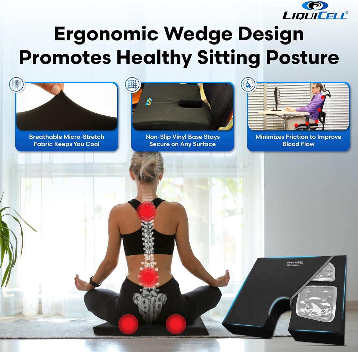 ERGO21 Liquicell Coccyx Cushion - Better Than Gel, Foam, and Air! Liquid-Filled Membranes. Blood Flow Improved by 150% (Large Deluxe 18x17x2.5)