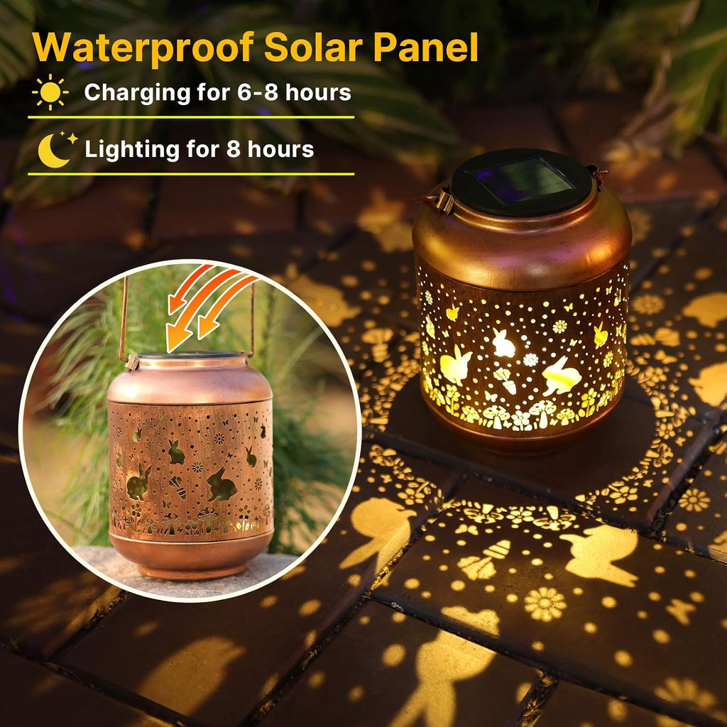Rabbit Solar Lanterns Outdoor Hanging Waterproof,Garden Decor Solar Lights Gifts for Women Mom Grandma,Metal Outside Decoration Lantern for Yard,Porch,Patio,Landscape,Backyard,Lawn