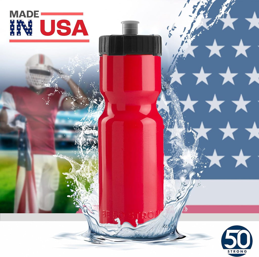 50 Strong | Bulk Water Bottles, 24-Pack, 22 oz, Sports Squeeze, Red
