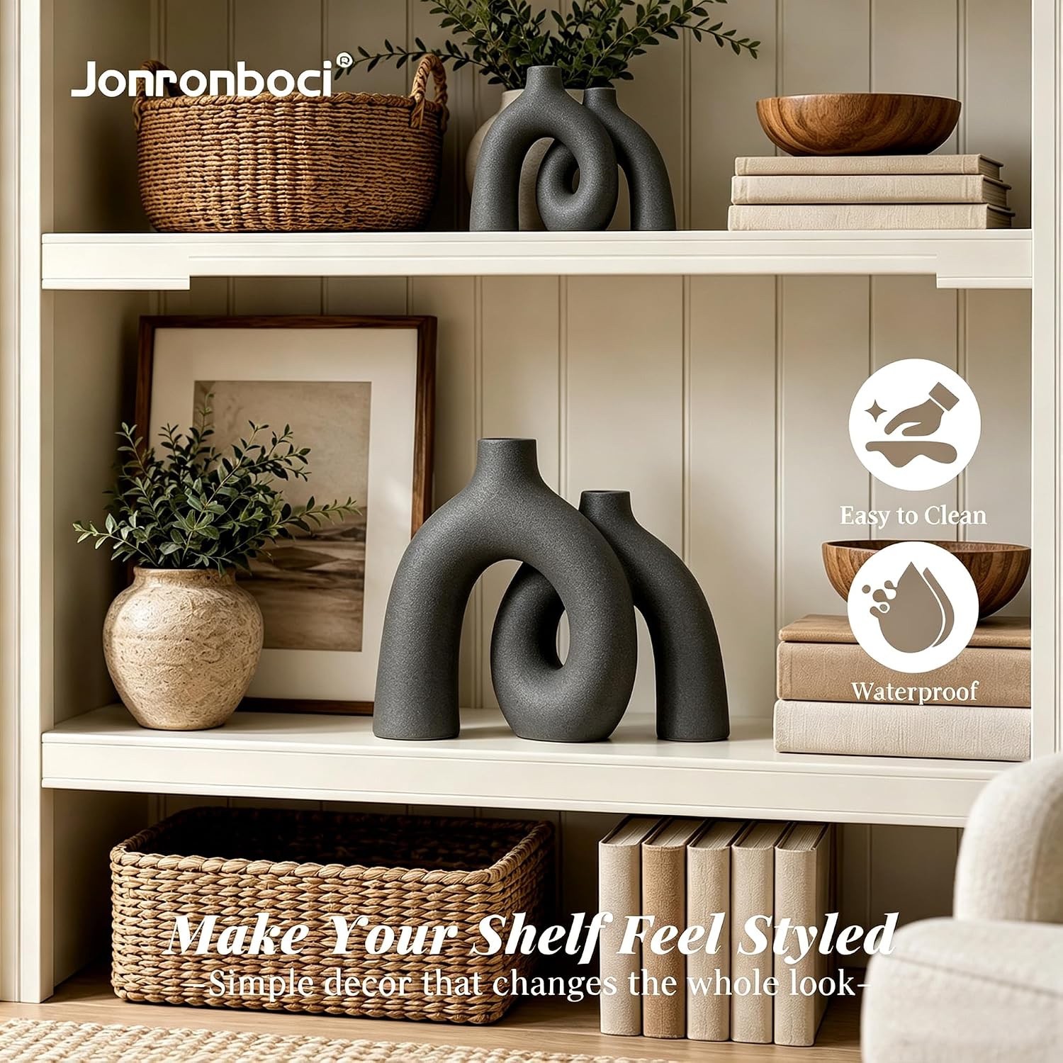 Hug Donut Decorative Vase Set - Dark Gray Modern Minimalism Industrial Style Vases Home Decor, Matte Ceramic Decorations for Living Room Shelf, Bookshelf Mantle Entryway Table or Console Décor(Gray)
