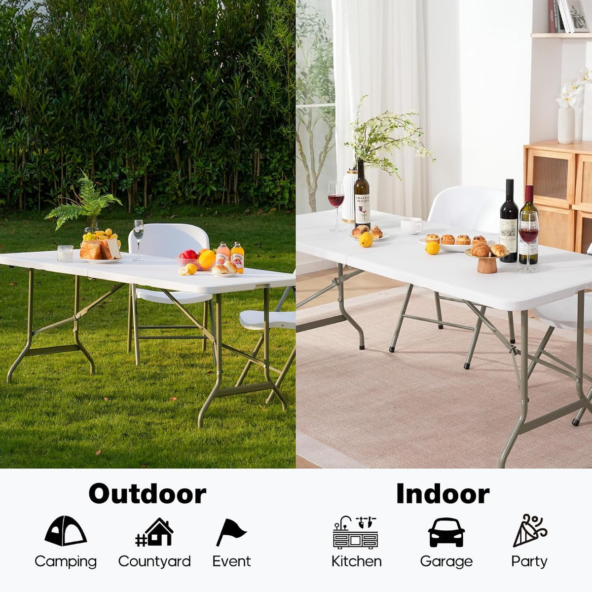 Folding Table 6ft, Heavy-Duty 500lbs Weight Capacity Foldable Table with HDPE Top & Steel Legs, Portable 6 Foot Picnic Table for Indoor Outdoor Parties, Camping, Event (White, 6 FT)