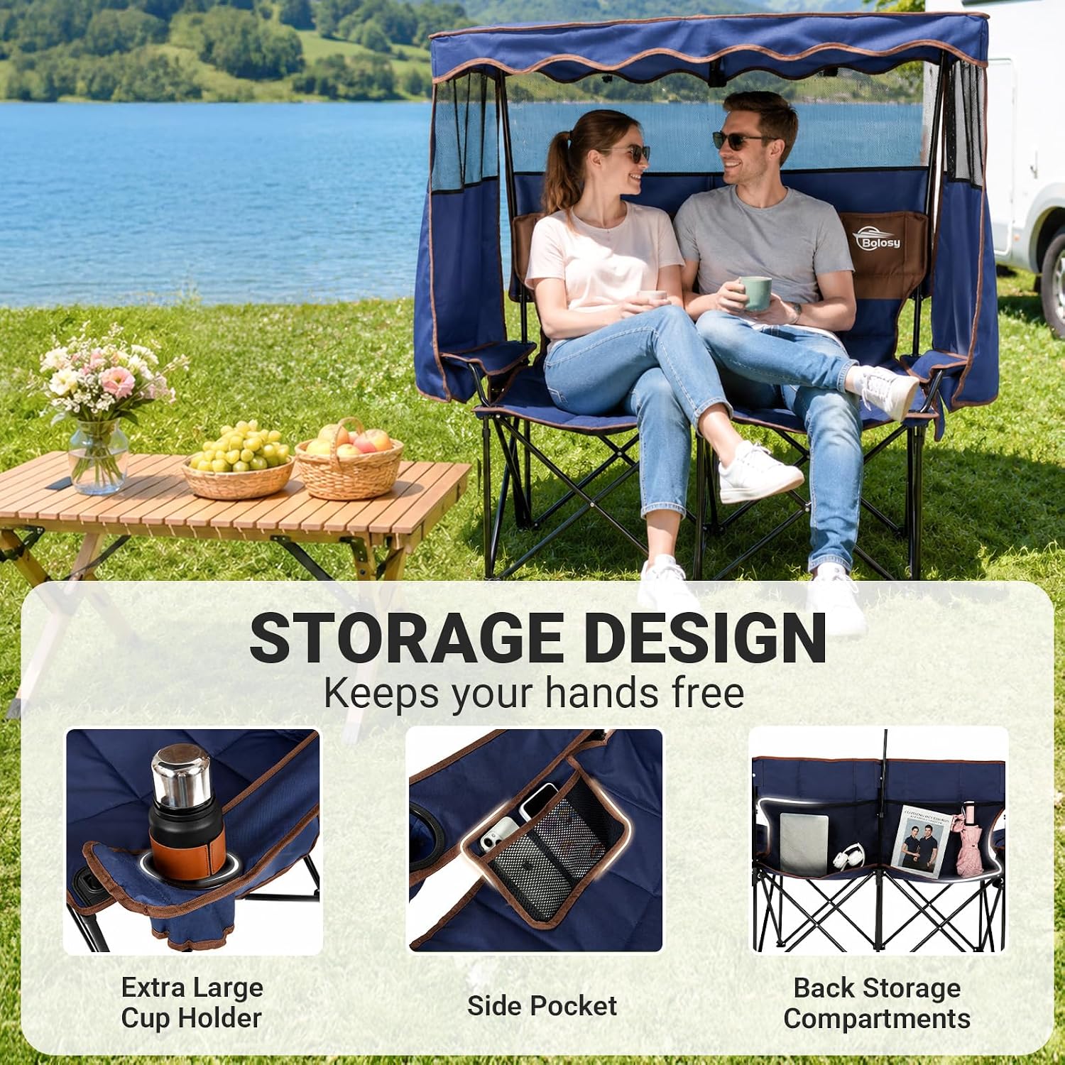 Bolosy Double Camping Chair with Canopy Outdoor Loveseat with Shade