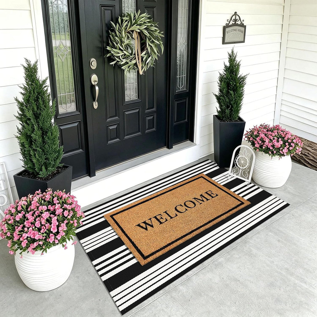 KOZYFLY 3'x5' Striped Area Rug, Black and White Woven Cotton Outdoor Rug