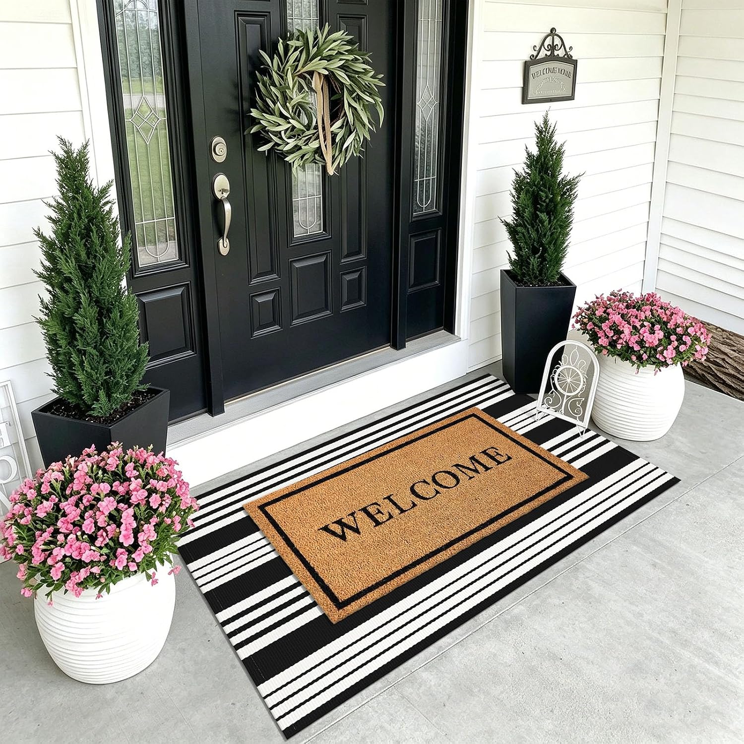 KOZYFLY 3'x5' Striped Area Rug, Black and White Woven Cotton Outdoor Rug