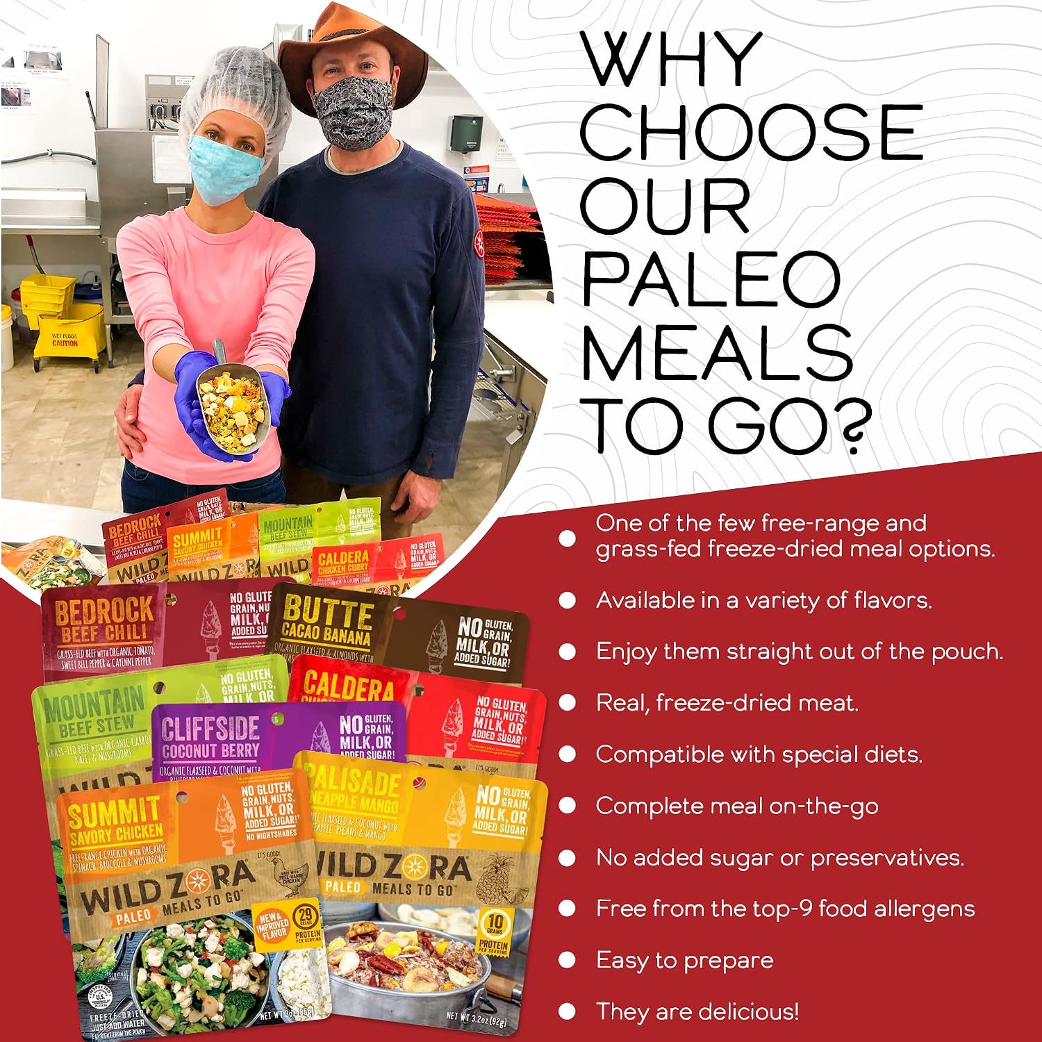 Wild Zora Paleo Freeze Dried Meals for Backpacking & Camping - Healthy Gluten Free & Grain Free Camping Meals/Backpacking Food + No Added Sugar - Includes Breakfast & Dinner Options (Variety 7-pack)