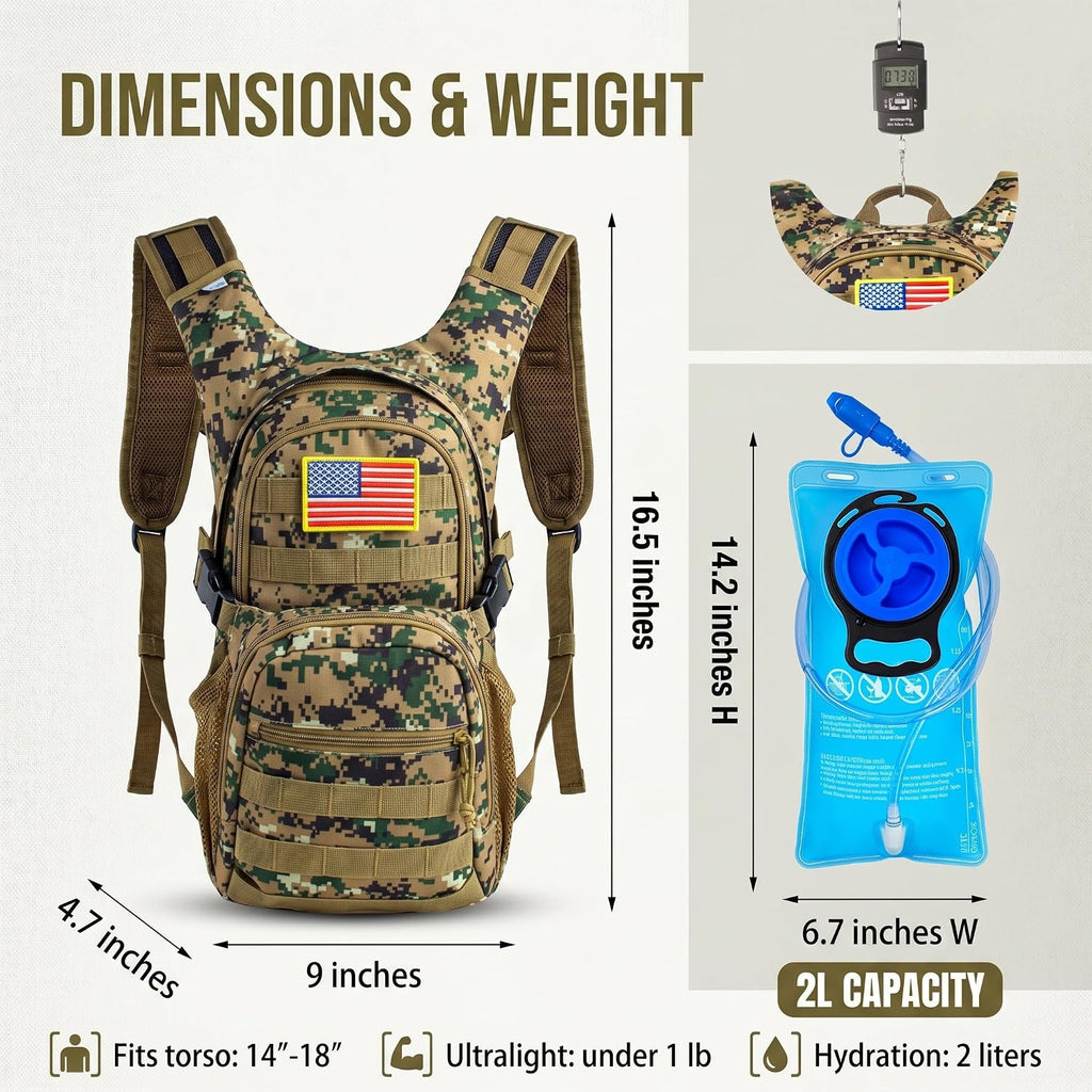 Tactical Hydration Backpack 2L Water Bladder - Lightweight Durable Pack for Hiking, Running, Outdoor Adventures, Adjustable Straps & Leak-Proof Design