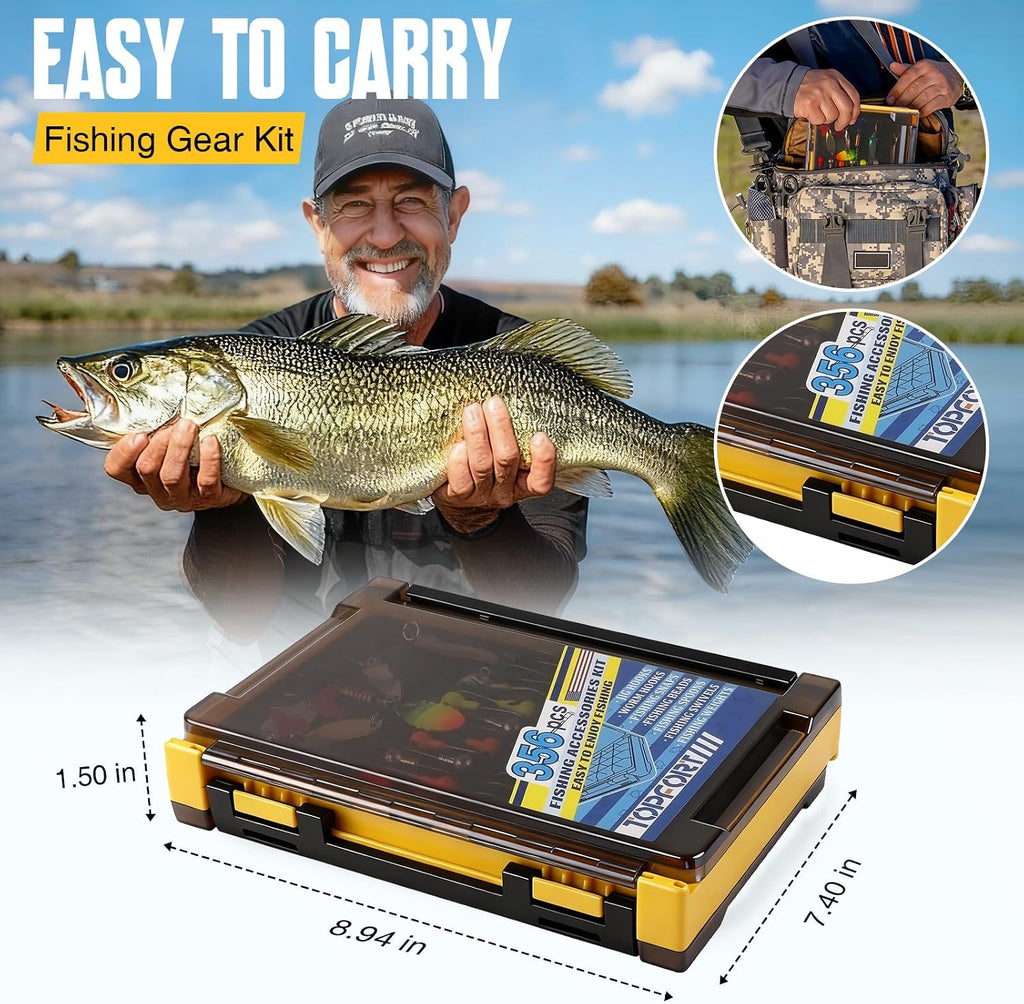 TOPFORT 187/343pcs Fishing Accessories Kit, Organized Fishing Tackle Box with Tackle Included, Fishing Hooks, Fishing Weights Sinkers, Fishing Gear and Equipment, Fishing Gift for Men