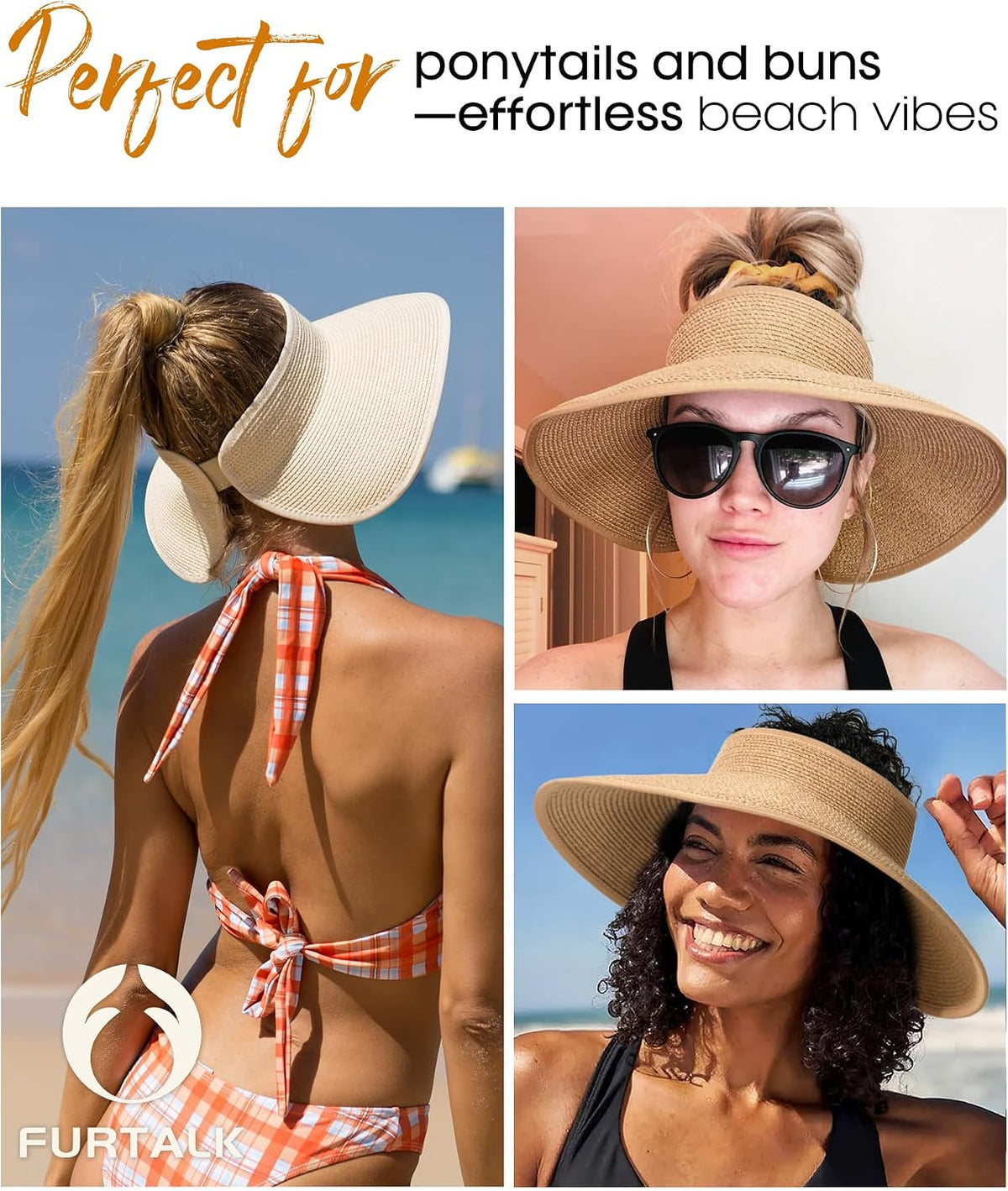 Womens Sun Visor Hats Wide Brim Straw Beach Hat UV Protection Ponytail Packable Beach Vacation Essentials