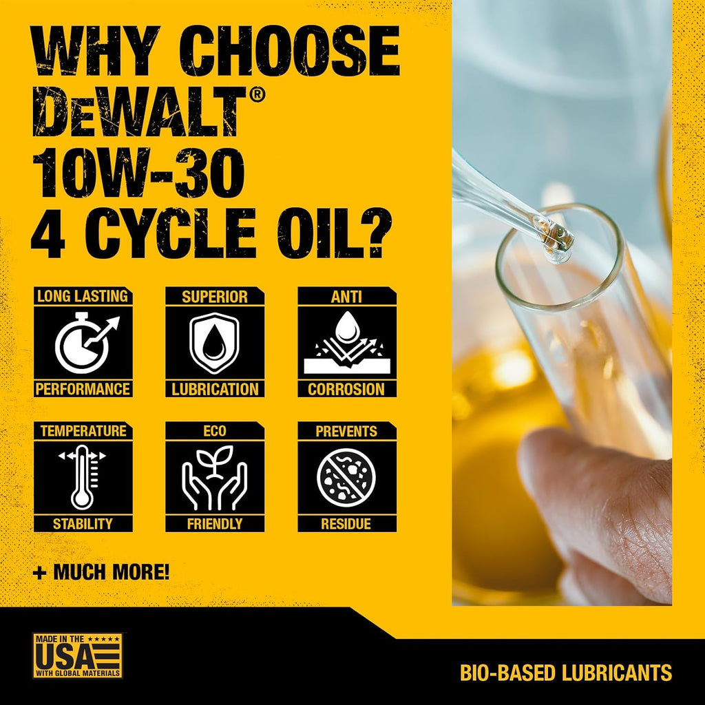 DEWALT Biosynthetic SAE 10W-30 Oil – 4-Cycle Engine Oil for Small Engines, Generators & Outdoor Power Equipment – Meets and Exceeds API SP – Extended Interval, Cold Start Protection – 18 oz