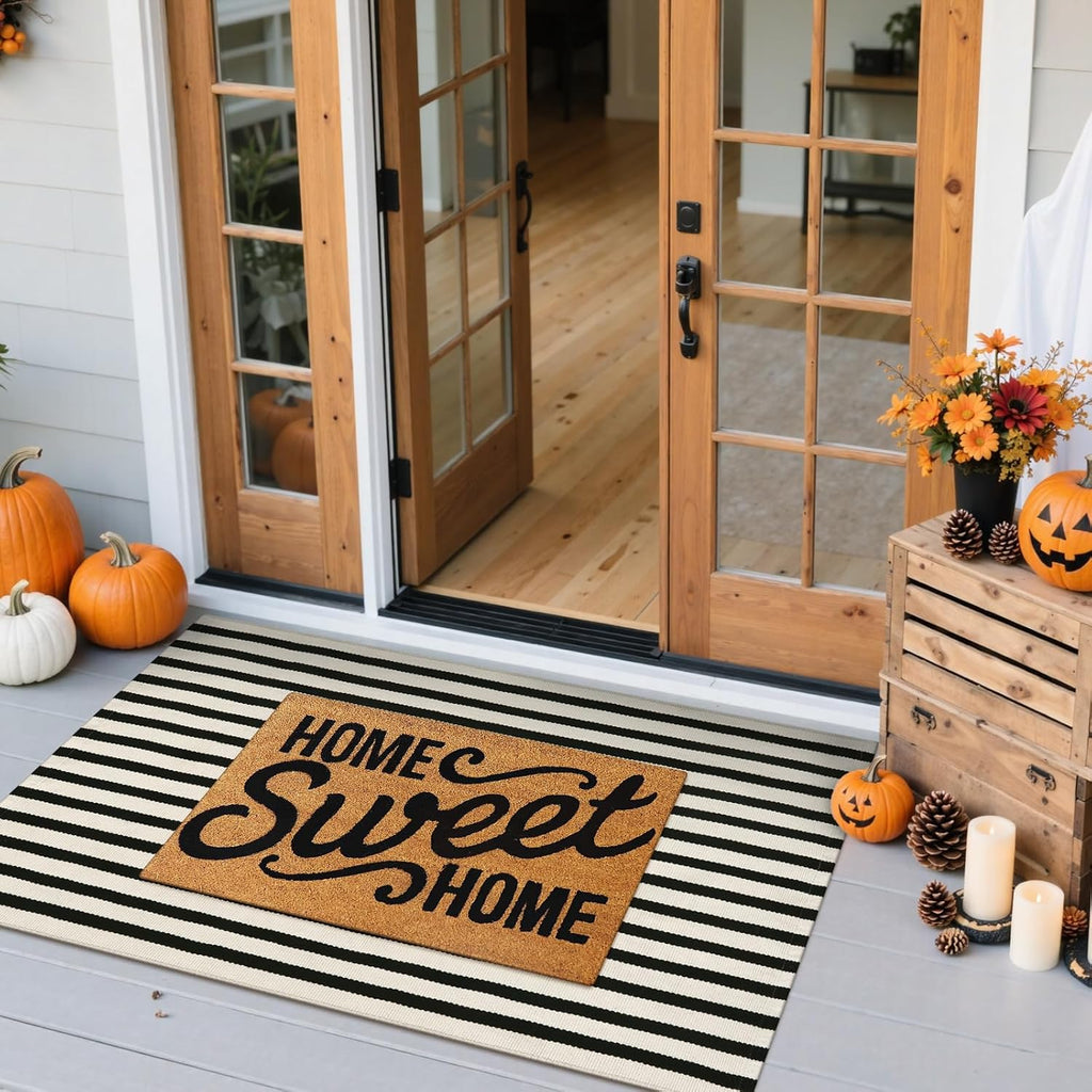 Fall Front Door Mat 2'x4.3', Cotton Washable Striped Outdoor Rug