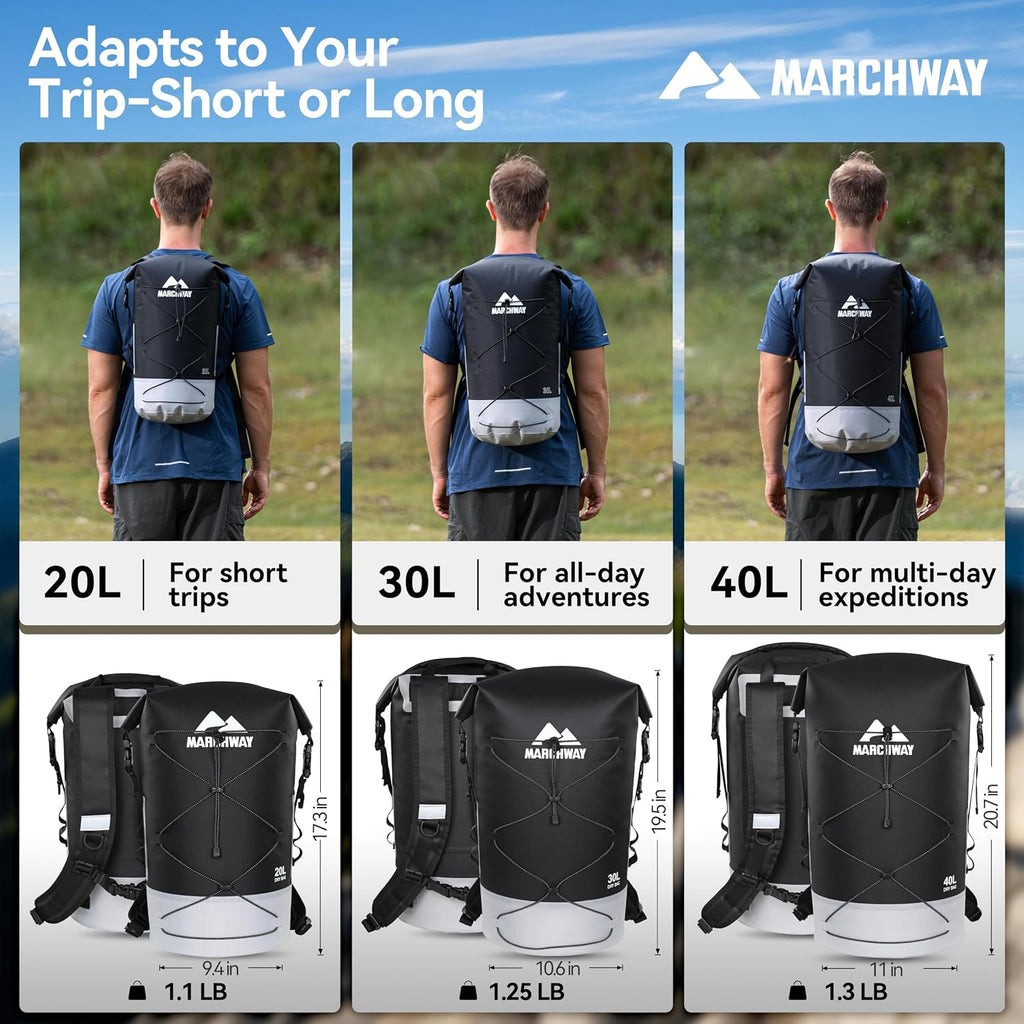 MARCHWAY Floating Roll Top Dry Bag, Flexible Lightweight TPU-coated Nylon Waterproof Backpack 20L/30L/40L with Padded Straps for Boating, Kayaking, Swimming, Hiking, Beach (Black, 30L)