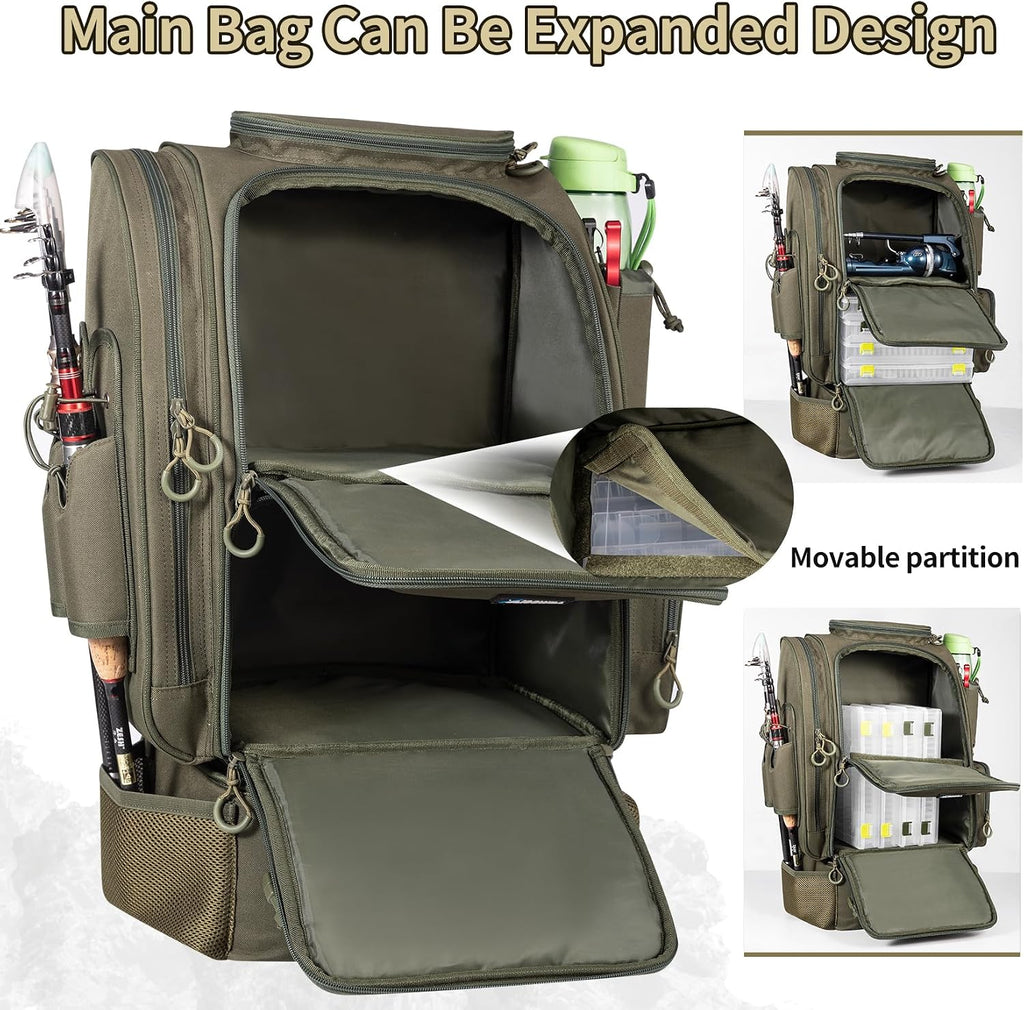 Fishing Backpack with Cooler for 3 Tackle Boxes Fishing Bag with Rod Holder