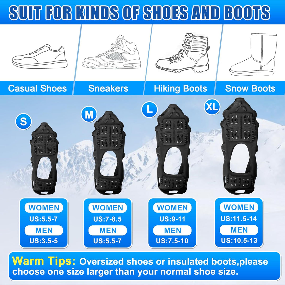 Ice Cleats for Shoes and Boots,Crampons Snow Traction Cleats for Walking on Snow and Ice,Non-Slip Shoe Grippers Slip-on Overshoe Stretch Footwear for Winter Walking Hiking Fishing