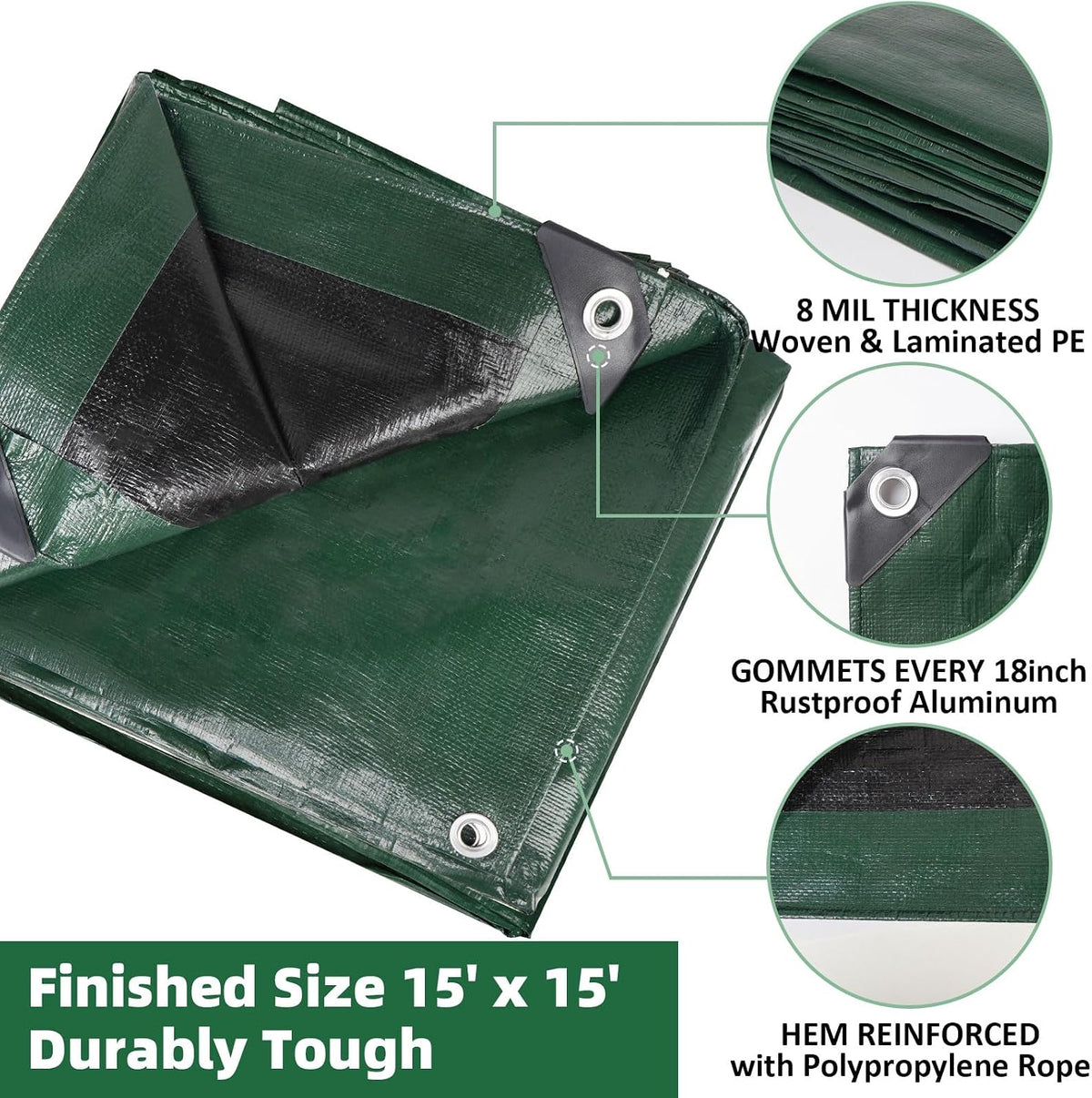 Heavy Duty Double-Sided Waterproof Poly Tarp 15x15 Feet 8mil Thick Polyethylene Tarps, Perfect for Outdoor Use, Plastic Cover & Mat for Tent Camping Storage Boat Bikes Vehicles