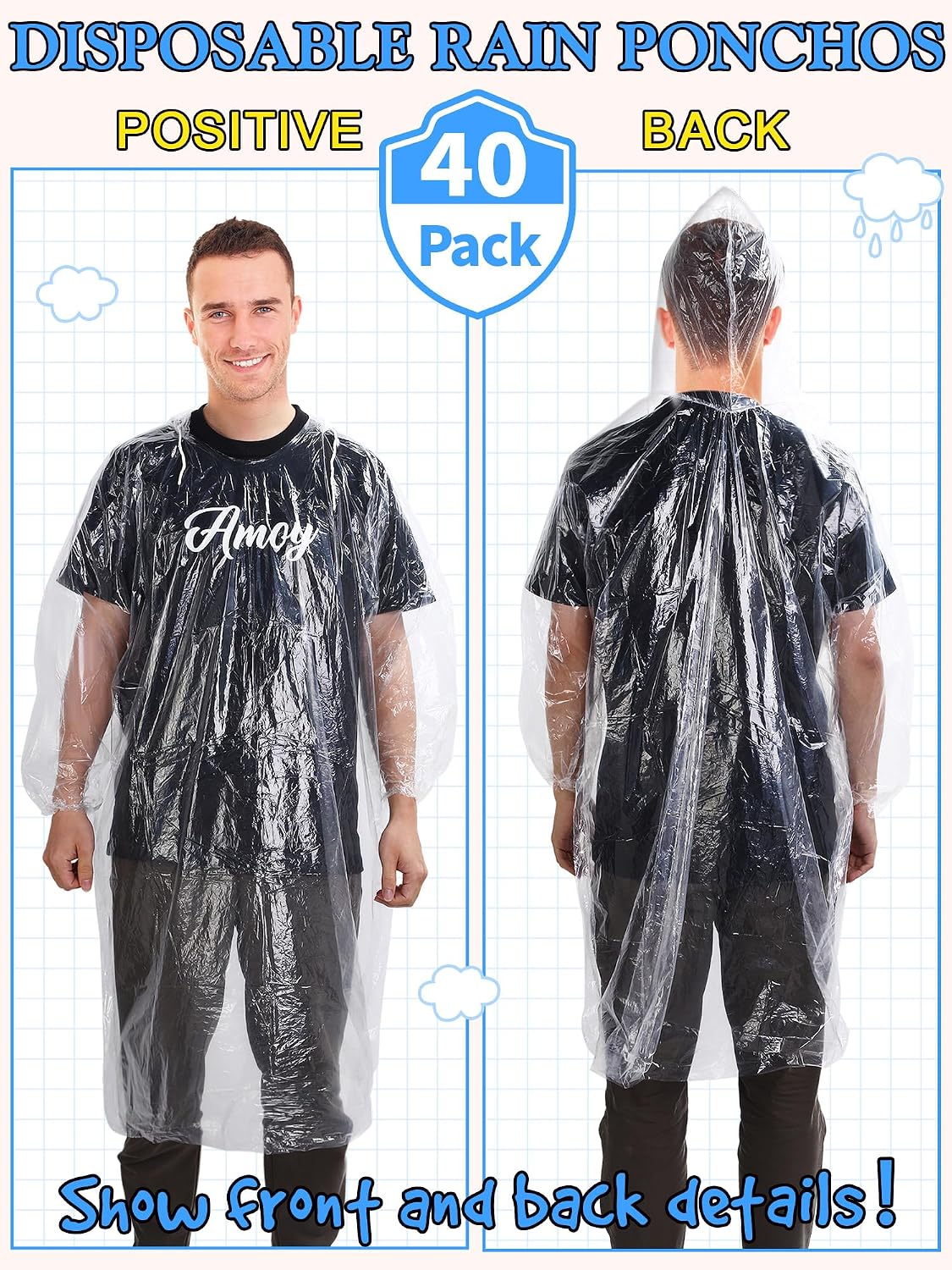 Tarpop 40 Pack Disposable Rain Ponchos Adult Drawstring Hood
