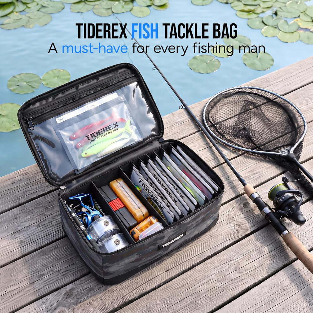 Fishing Tackle Bag with 20 DIY Soft Plastic Bait Bags, Black Camo