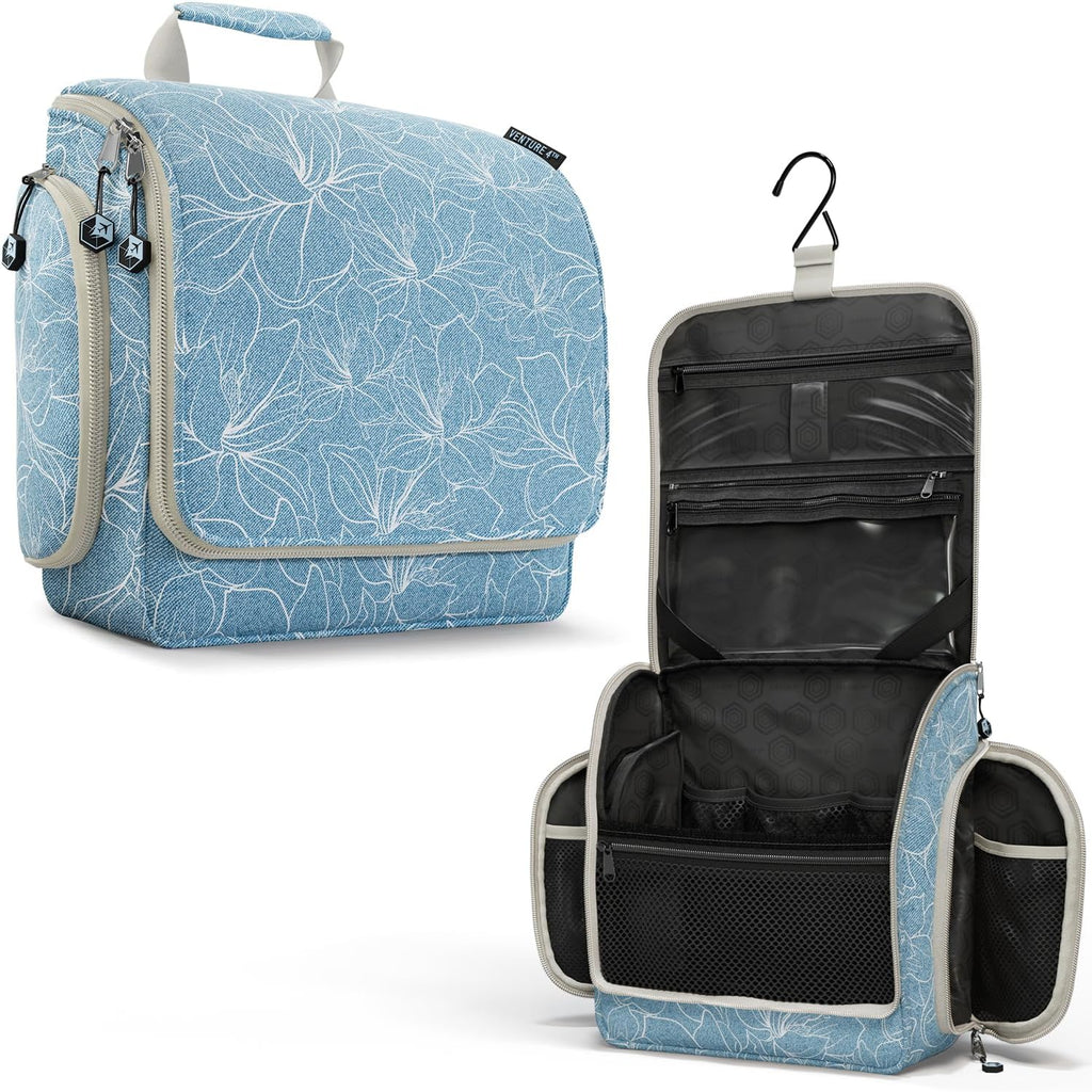 VENTURE 4TH Hanging Travel Toiletry Bag, 17 Compartments - Blue Flowers