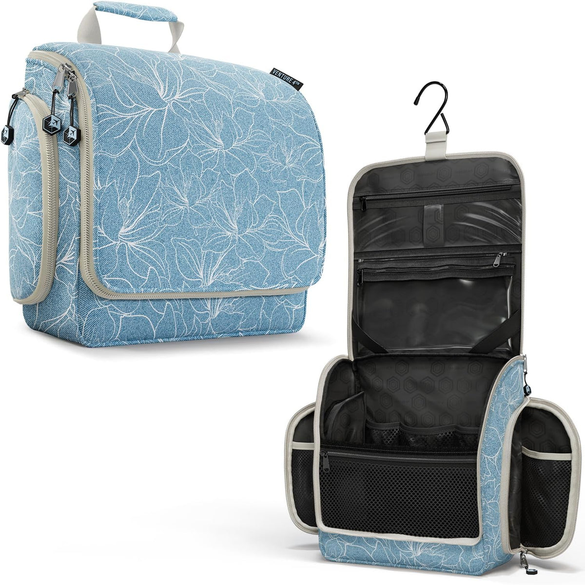 VENTURE 4TH Hanging Travel Toiletry Bag, 17 Compartments - Blue Flowers