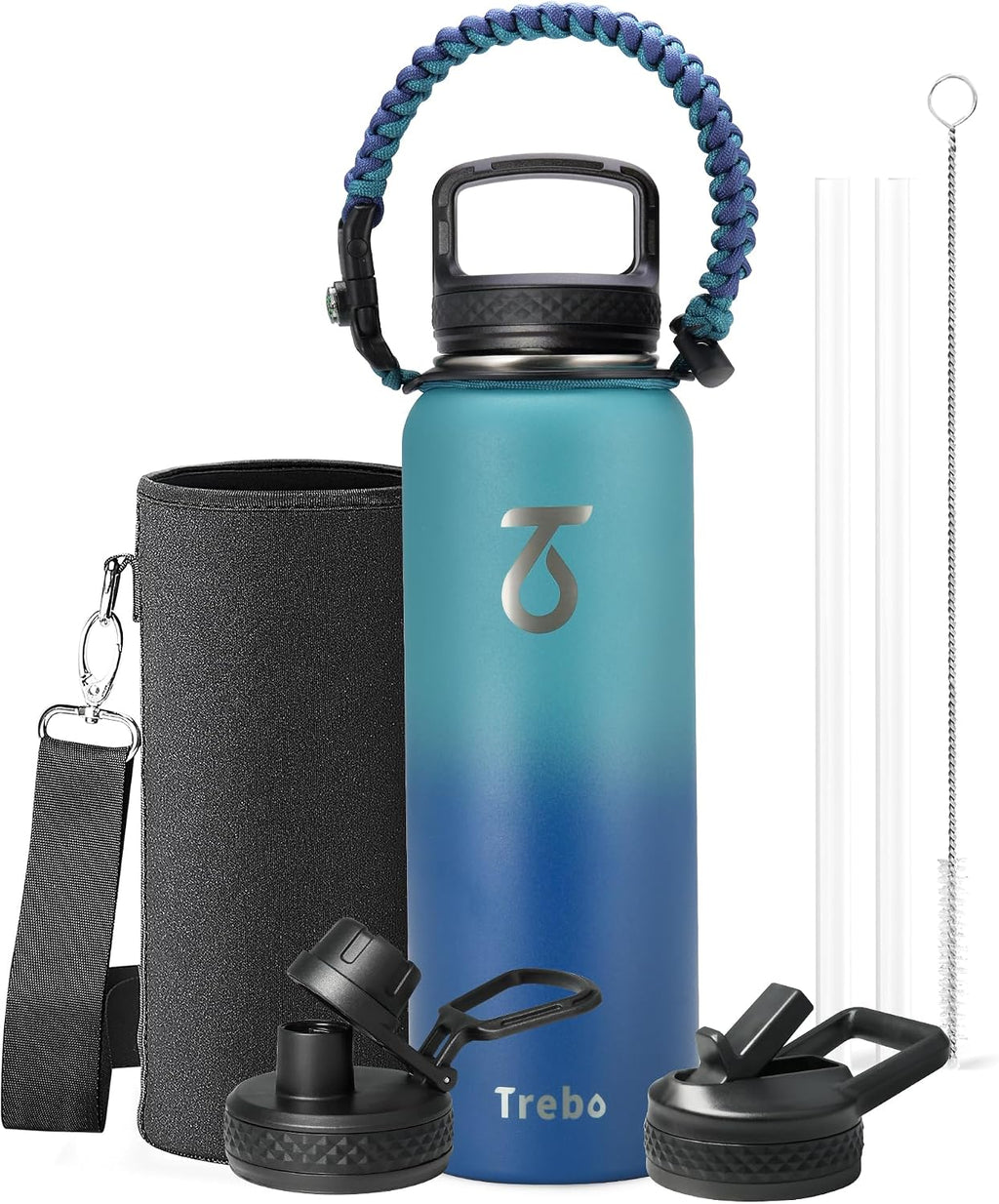 Trebo Water Bottle Insulated 40 oz with 3 Lids, Paracord Handle & Sleeve