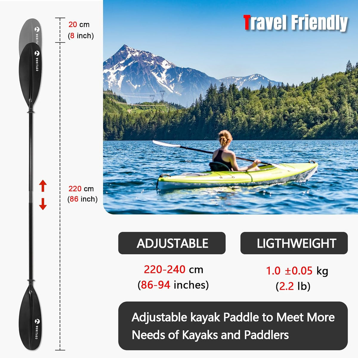 Adjustable Kayak Paddle, Fiberglass Shaft and Reinforced PP Blade